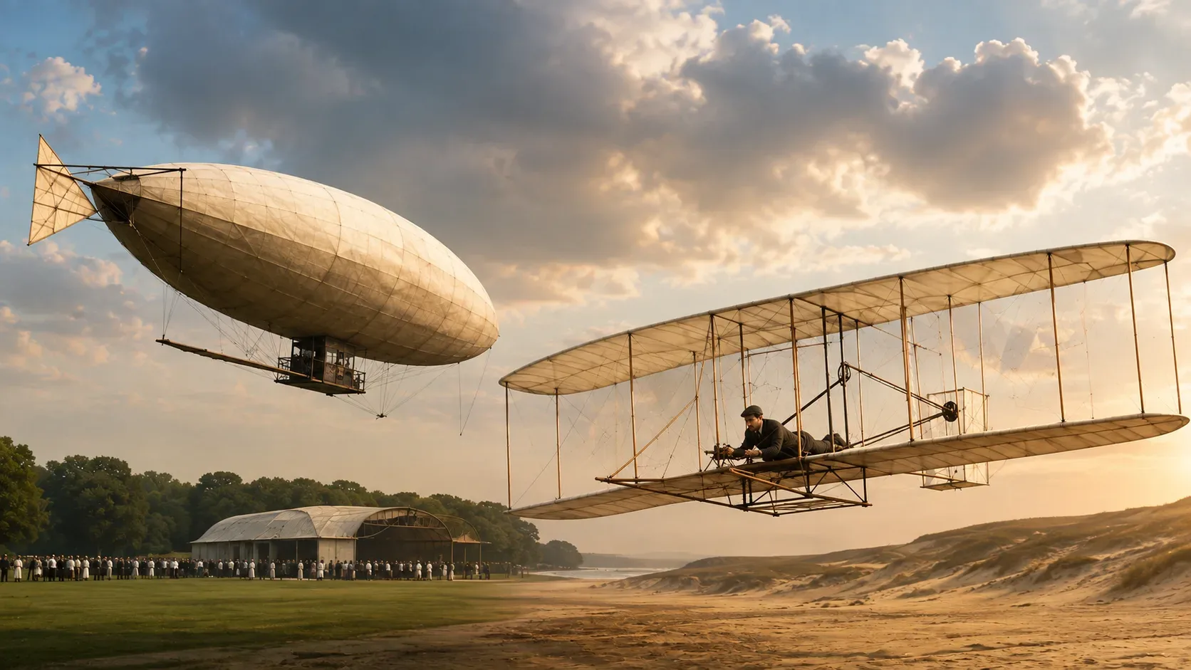 Wright Flyer de 1903 e 14-bis de Santos-Dumont em composição comparativa sobre os pioneiros da aviação
