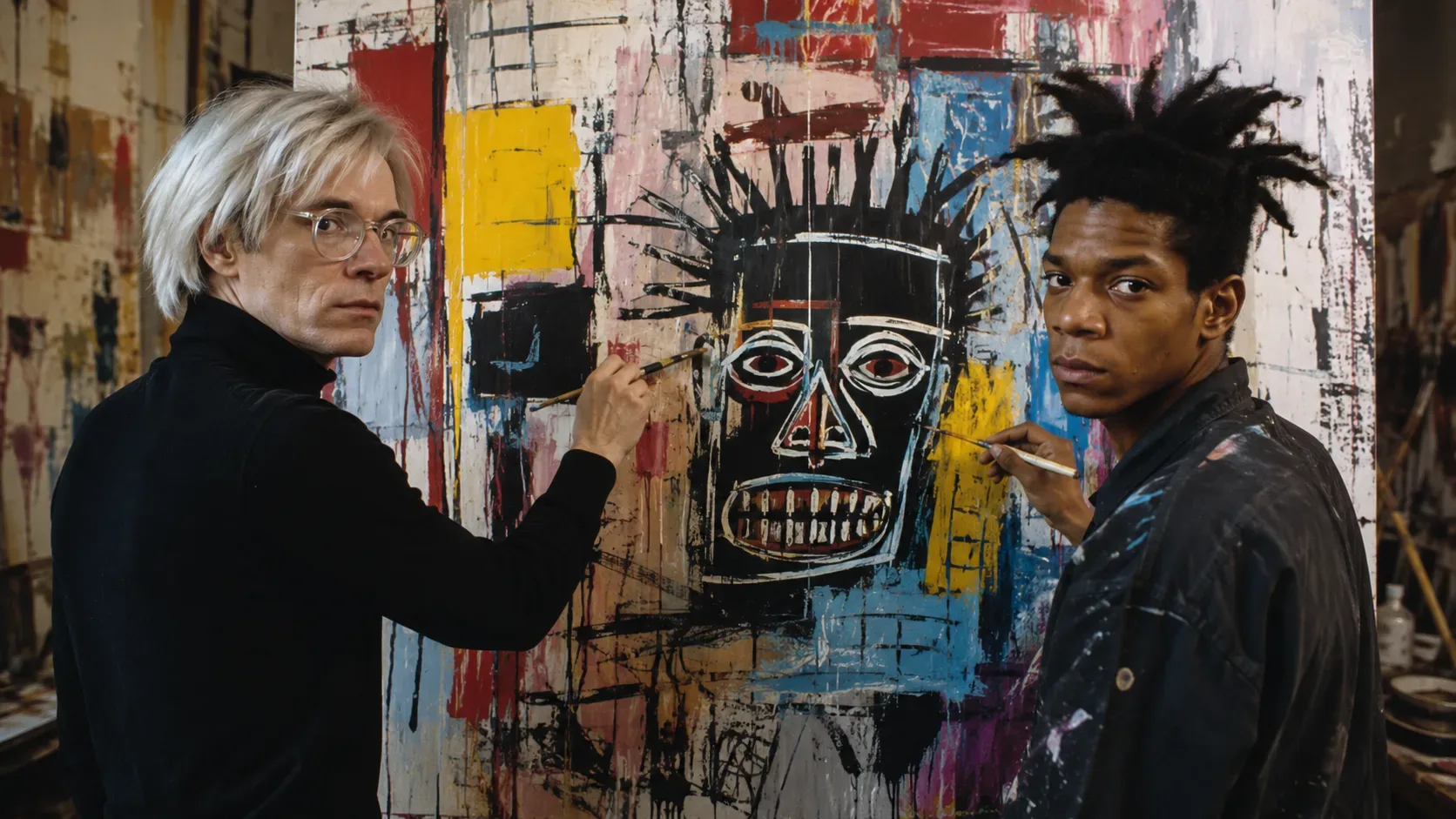 Andy Warhol e Jean-Michel Basquiat diante de uma pintura produzida durante a colaboração artística dos anos 1980.