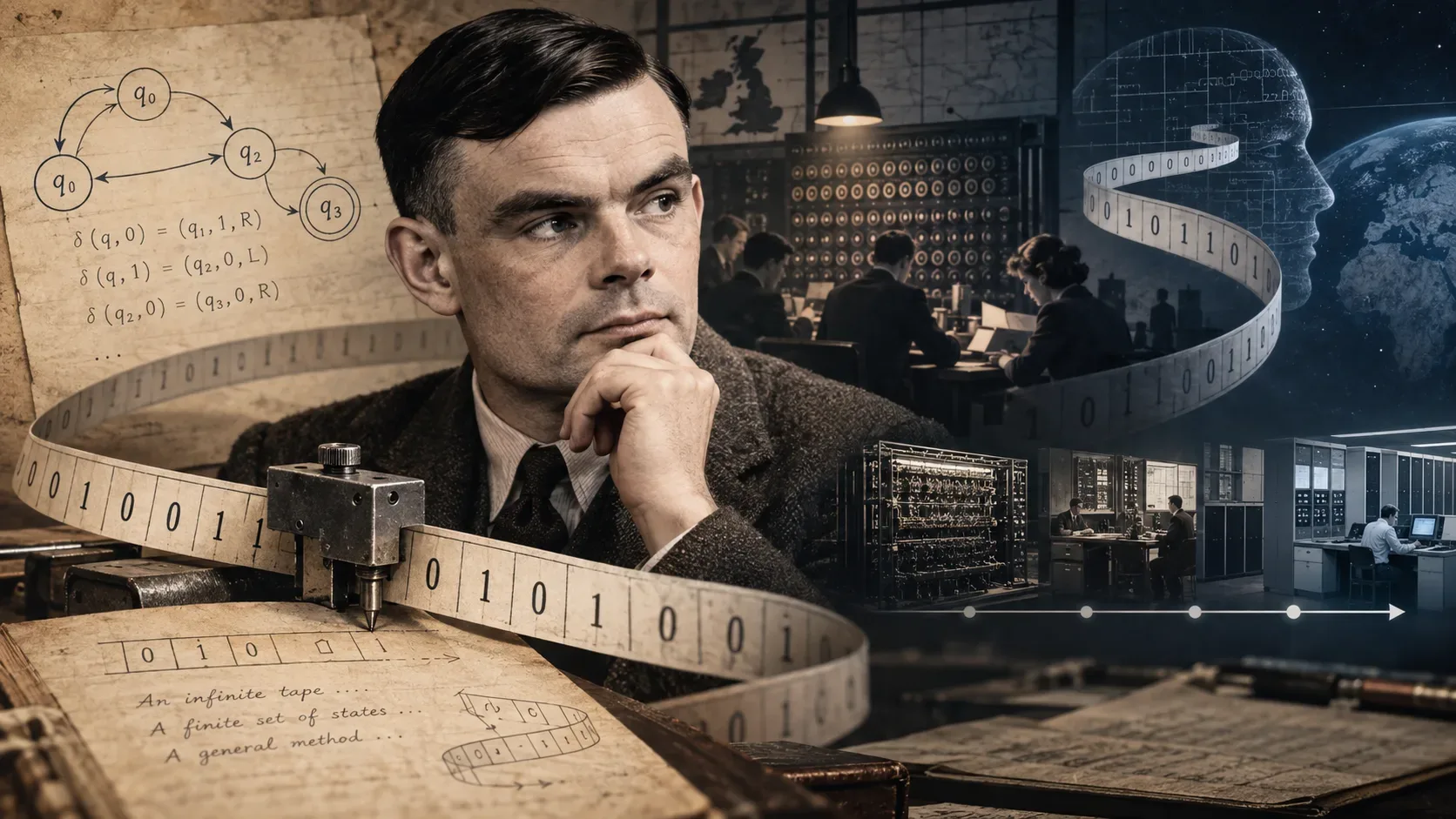 Retrato editorial de Alan Turing cercado por fita binária, diagramas de estados, anotações matemáticas e uma sequência visual de máquinas históricas de computação.