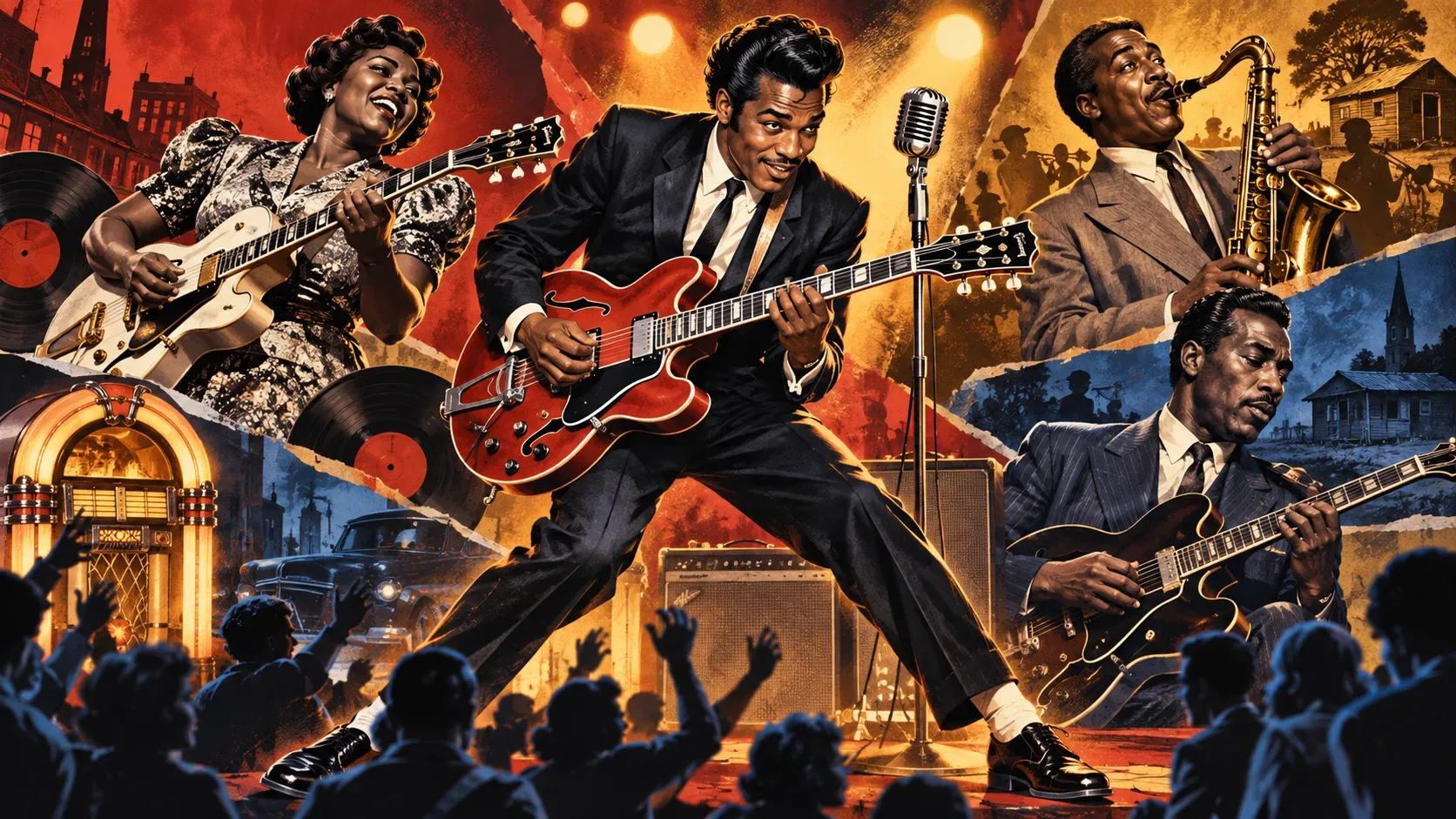 Ilustração vintage reúne ao centro um guitarrista inspirado em Chuck Berry, uma guitarrista de gospel, um saxofonista de jump blues e outro guitarrista de blues elétrico diante de uma plateia.