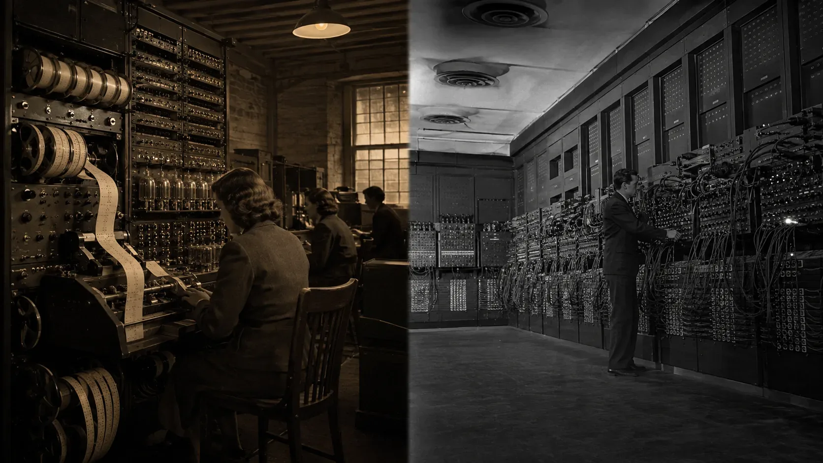 Máquinas computacionais dos anos 1940 lado a lado: um sistema inspirado no Colossus com fita perfurada e outro no ENIAC com painéis e cabos.
