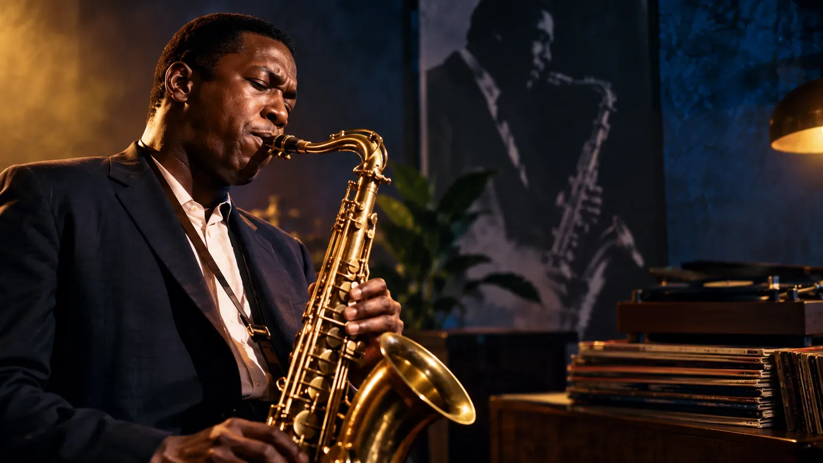 Saxofonista negro tocando sax tenor em um ambiente de jazz com luz quente, discos de vinil e pôster ao fundo.