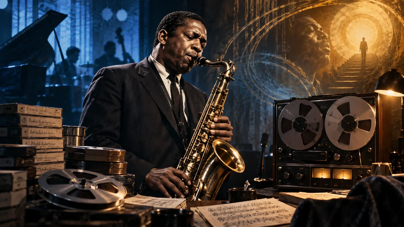 Cena editorial com saxofonista inspirado em John Coltrane tocando entre rolos de fita e um gravador de rolo, sob luz azul e dourada de atmosfera jazzística.