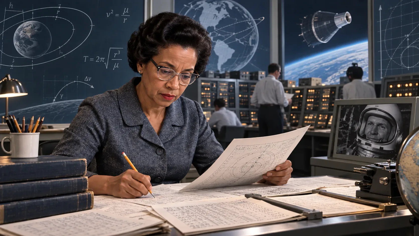 Katherine Johnson confere cálculos de trajetória em uma mesa, cercada por folhas, diagramas orbitais, computadores de época e uma cápsula espacial ao fundo.