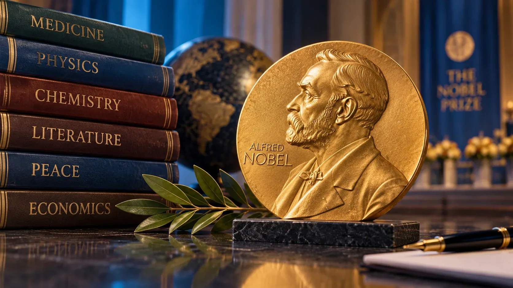 Medalha dourada de Alfred Nobel ao lado de livros rotulados com as seis categorias, ramo de louro, globo e cenário cerimonial.
