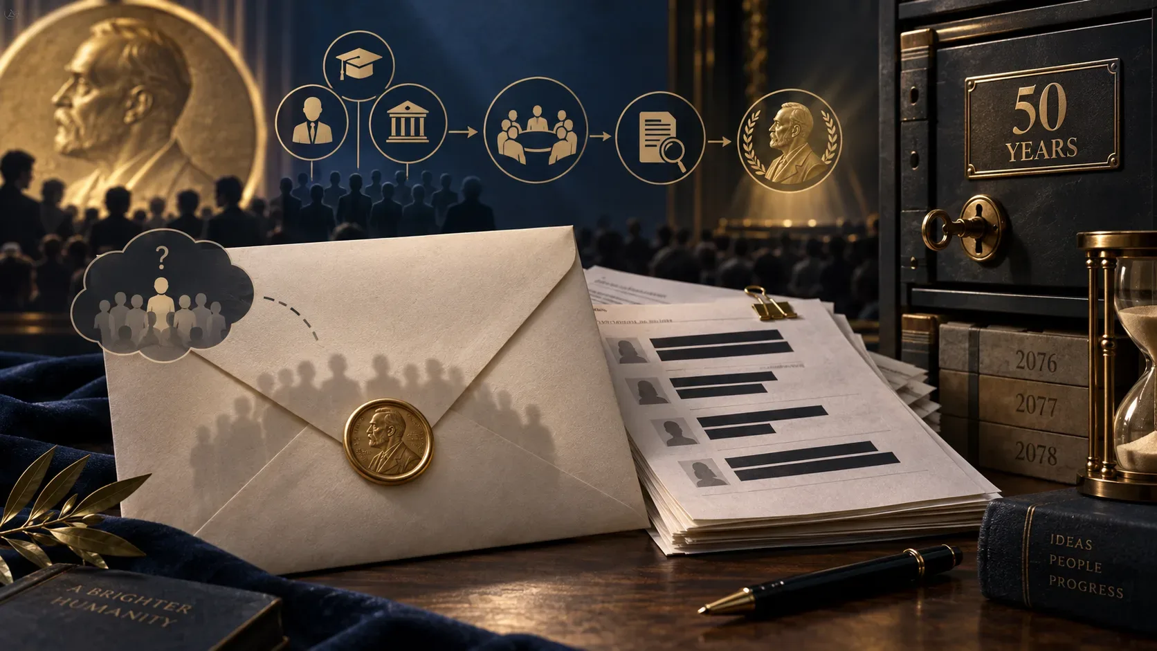 Envelope lacrado, documentos com nomes ocultos, símbolos do processo de seleção e arquivo trancado marcado com 50 anos em cenário azul e dourado.