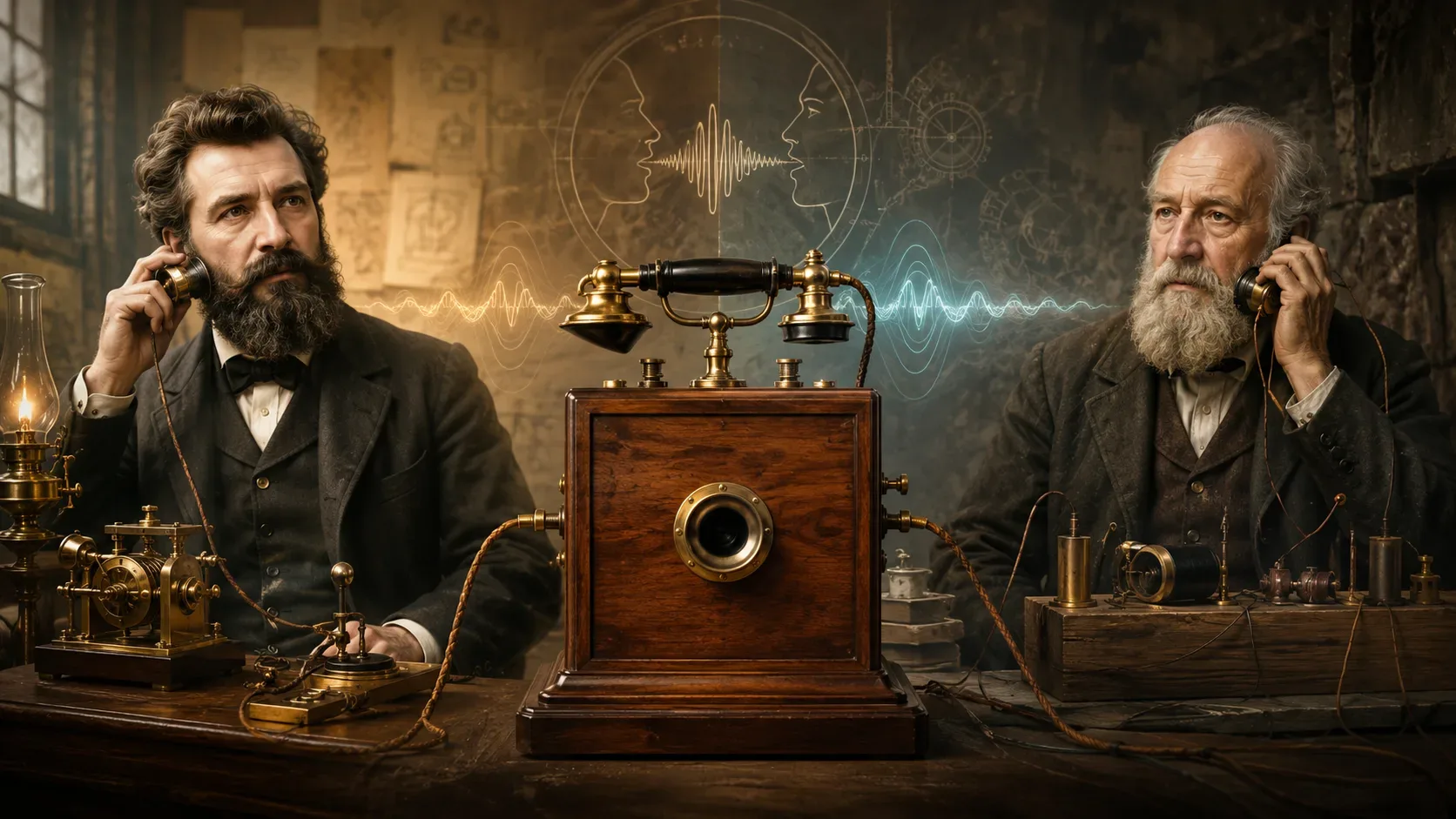 Representações de dois inventores do século XIX diante de um telefone antigo de madeira, conectados visualmente por ondas sonoras e aparelhos experimentais.