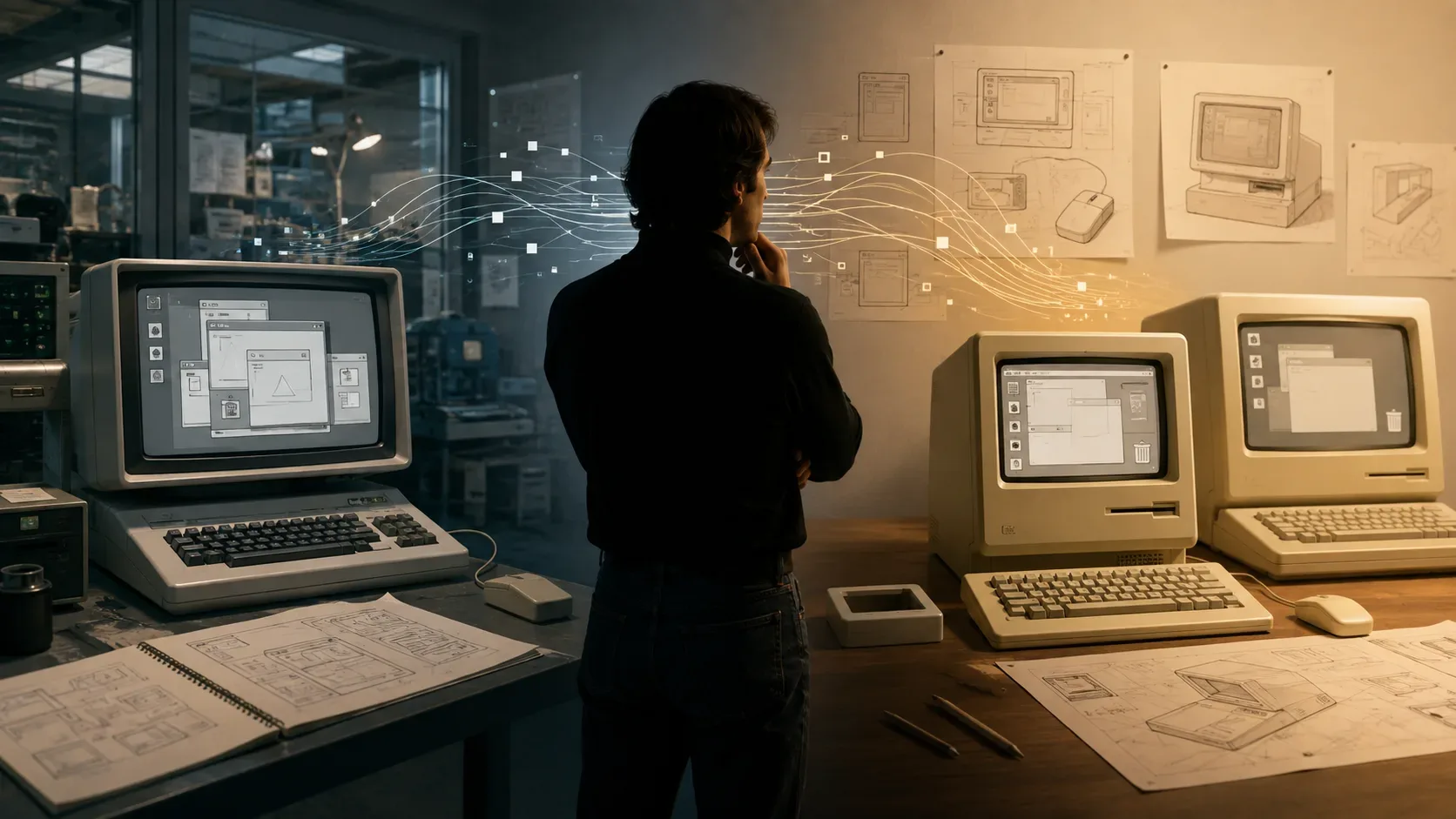 Figura de Steve Jobs vista de costas entre um laboratório com workstation gráfica dos anos 1970 e computadores pessoais dos anos 1980, ligados por um fluxo visual de ideias.