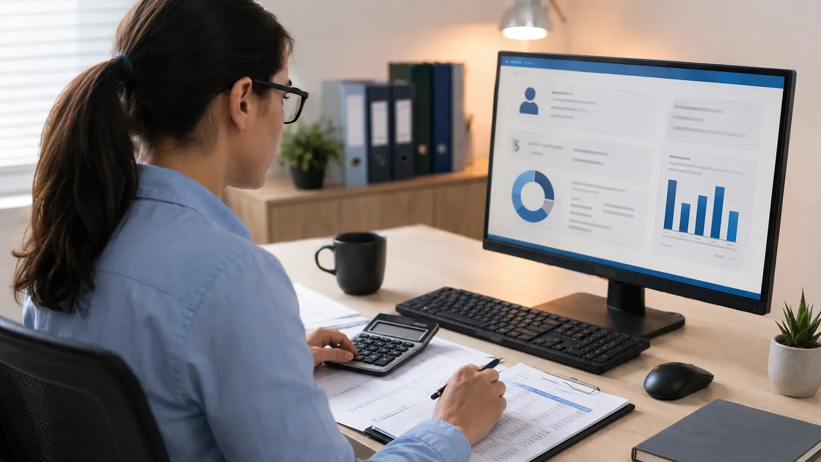 Profissional de departamento pessoal conferindo dados de uma rescisão e de empréstimo consignado em computador, sem informações pessoais legíveis.