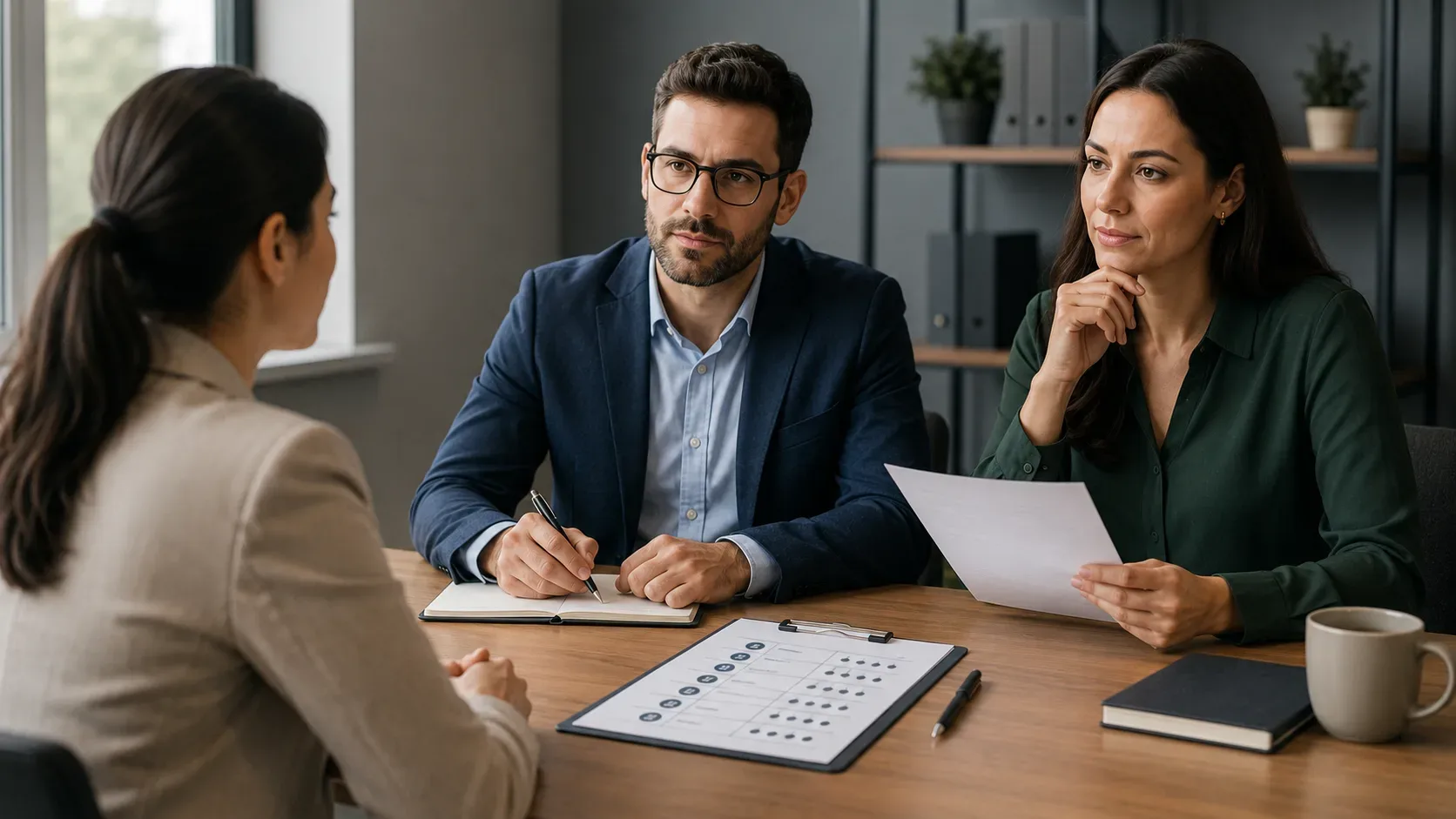 Entrevistadores analisando um scorecard de competências para comparar candidatos com critérios padronizados.