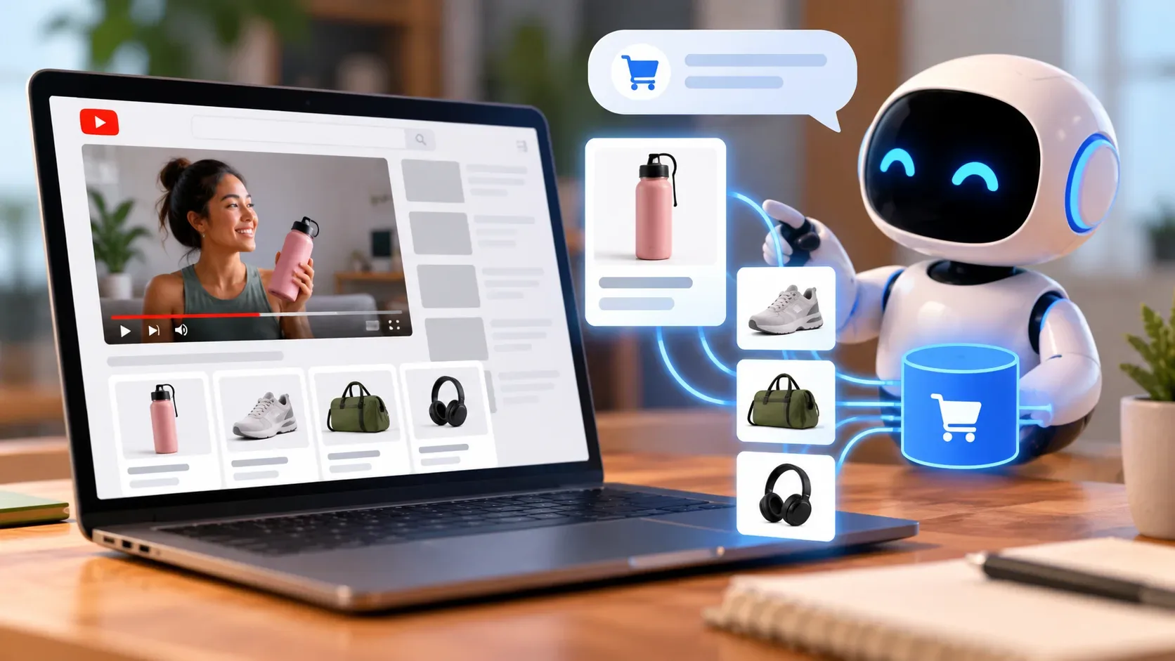 Notebook com anúncio em vídeo de uma garrafa rosa, cartões de produtos e robô branco conectado por linhas azuis a um símbolo de compras.