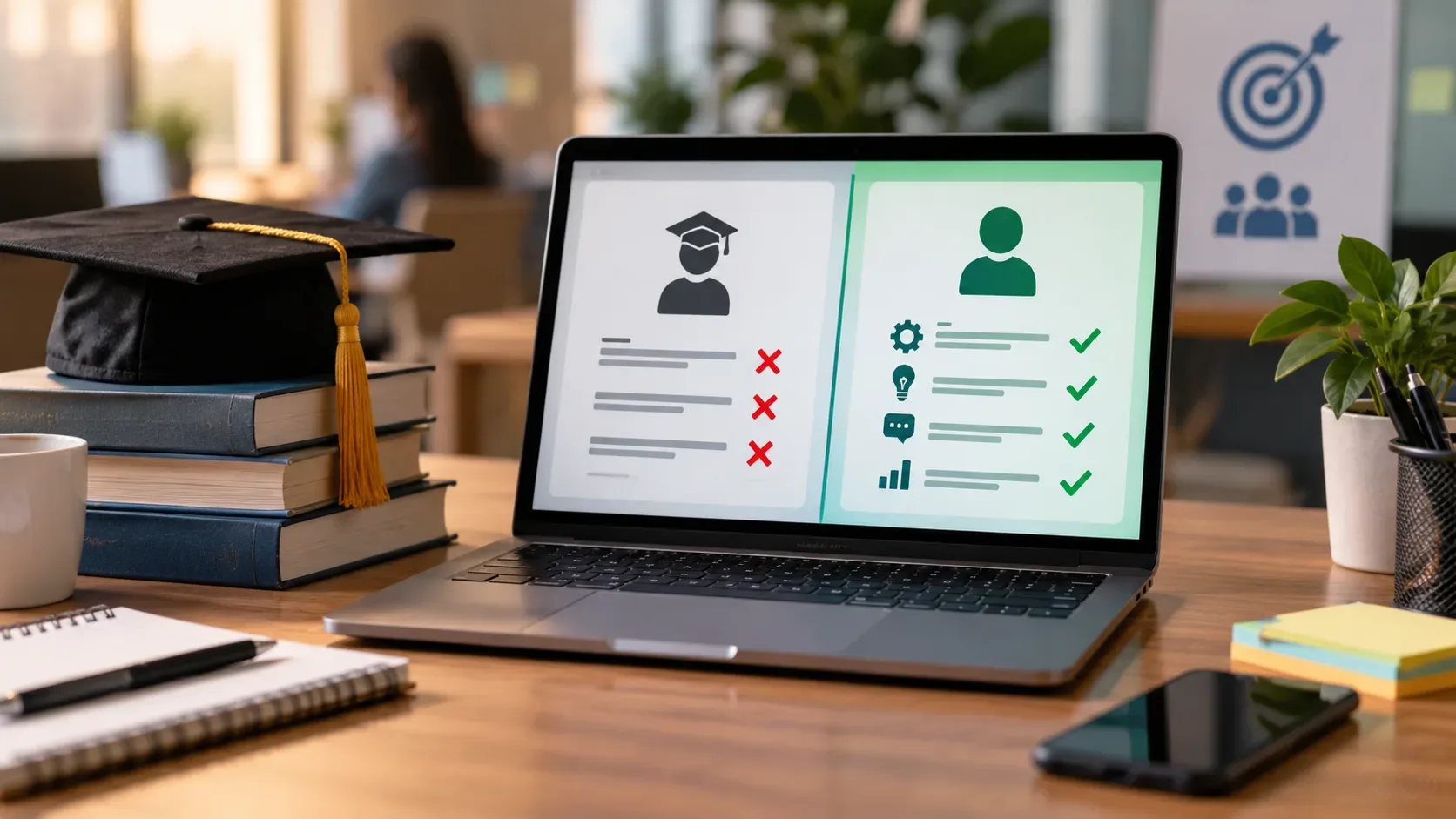 Mesa de recrutamento com notebook comparando exigência de diploma a uma lista de habilidades verificáveis, ao lado de capelo e livros.