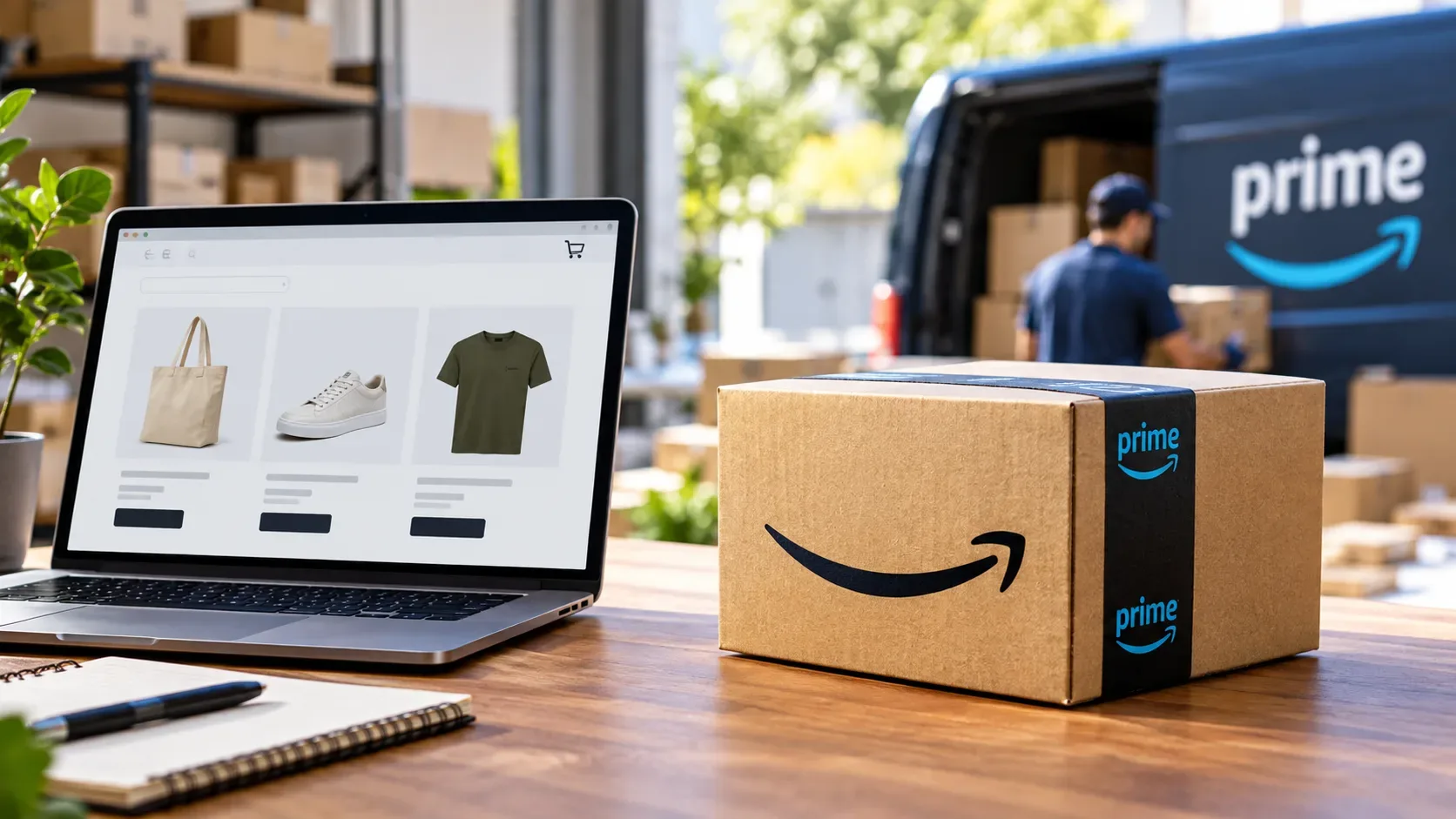Notebook com loja virtual ao lado de uma caixa Amazon Prime, com uma van de entregas ao fundo em um ambiente de fulfillment.