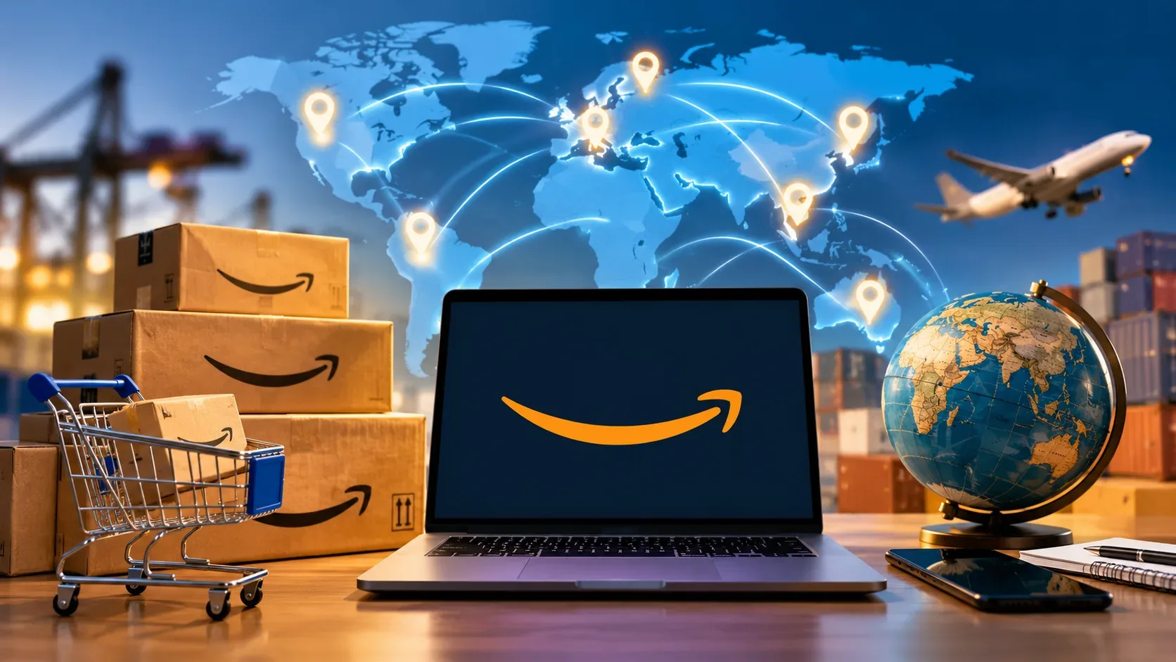 Notebook com símbolo da Amazon entre caixas de entrega, carrinho, globo terrestre e mapa-múndi com rotas internacionais ao fundo.