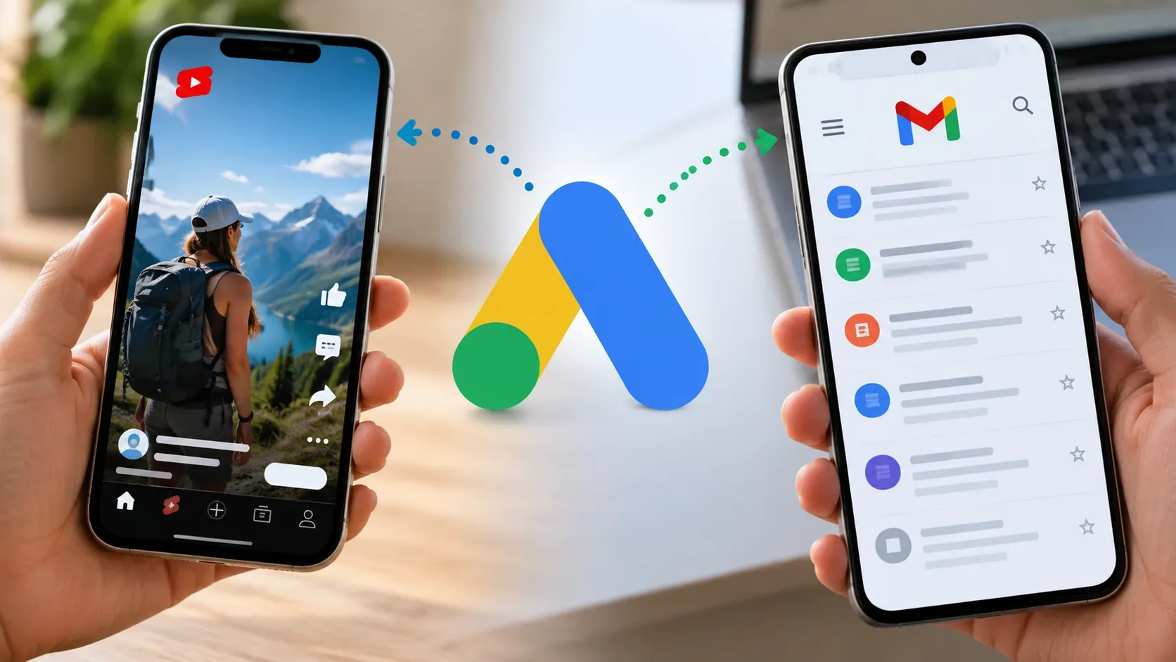 Dois celulares mostram um vídeo vertical no Shorts e a caixa de entrada do Gmail, conectados visualmente ao símbolo do Google Ads.