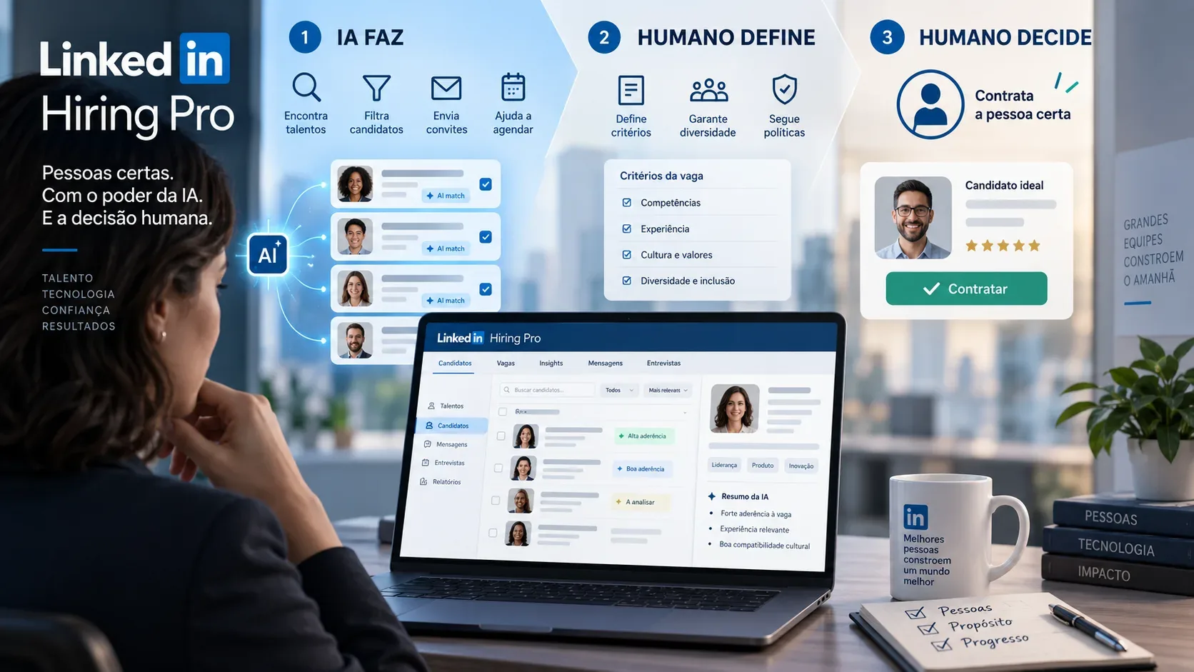 Recrutadora observa notebook com painel do LinkedIn Hiring Pro e um fluxo visual em três etapas que separa tarefas da IA, definição humana e decisão final.