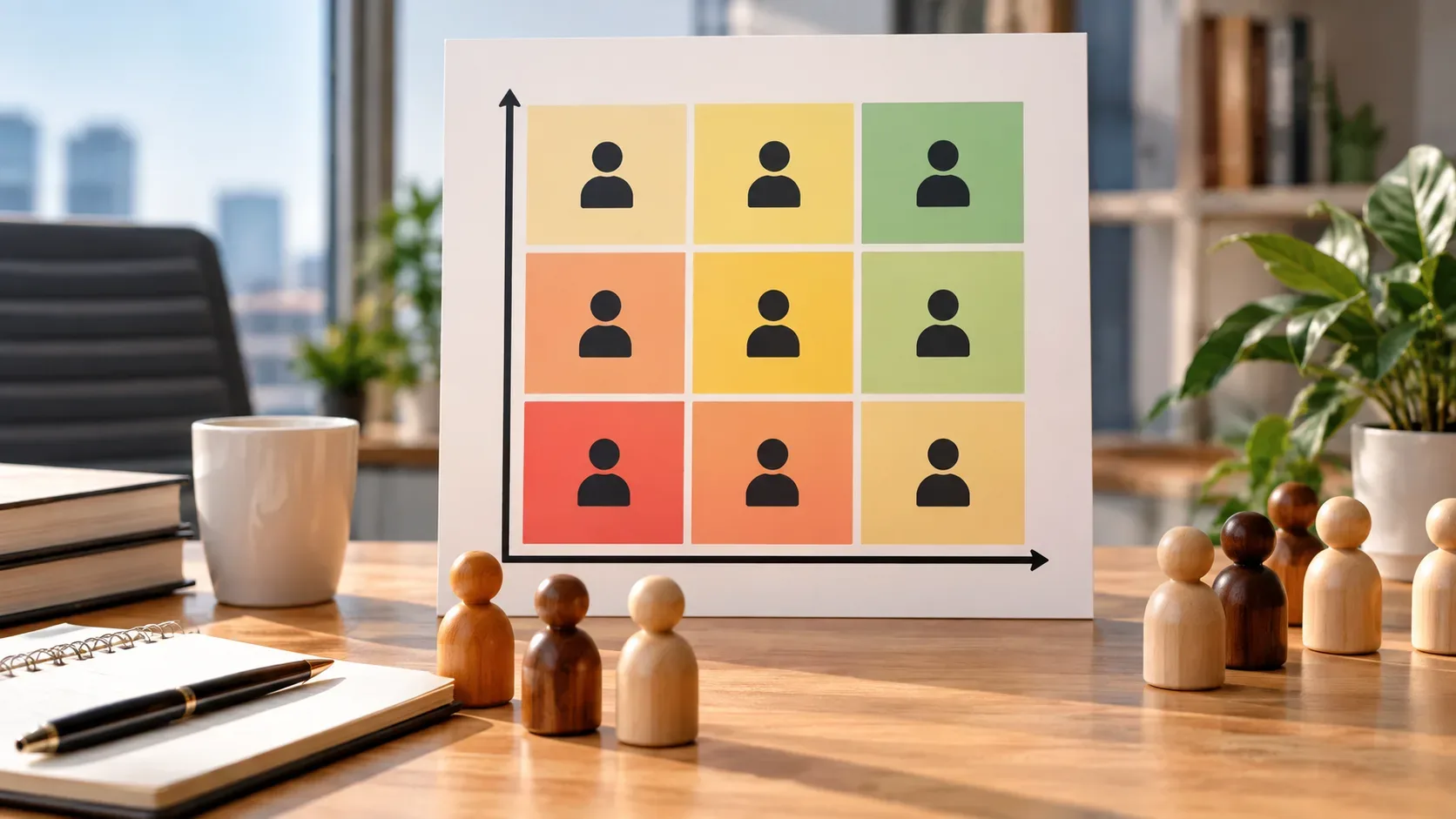 Quadro 3×3 colorido com ícones de pessoas e eixos em uma mesa de escritório, cercado por peças de madeira que representam profissionais.