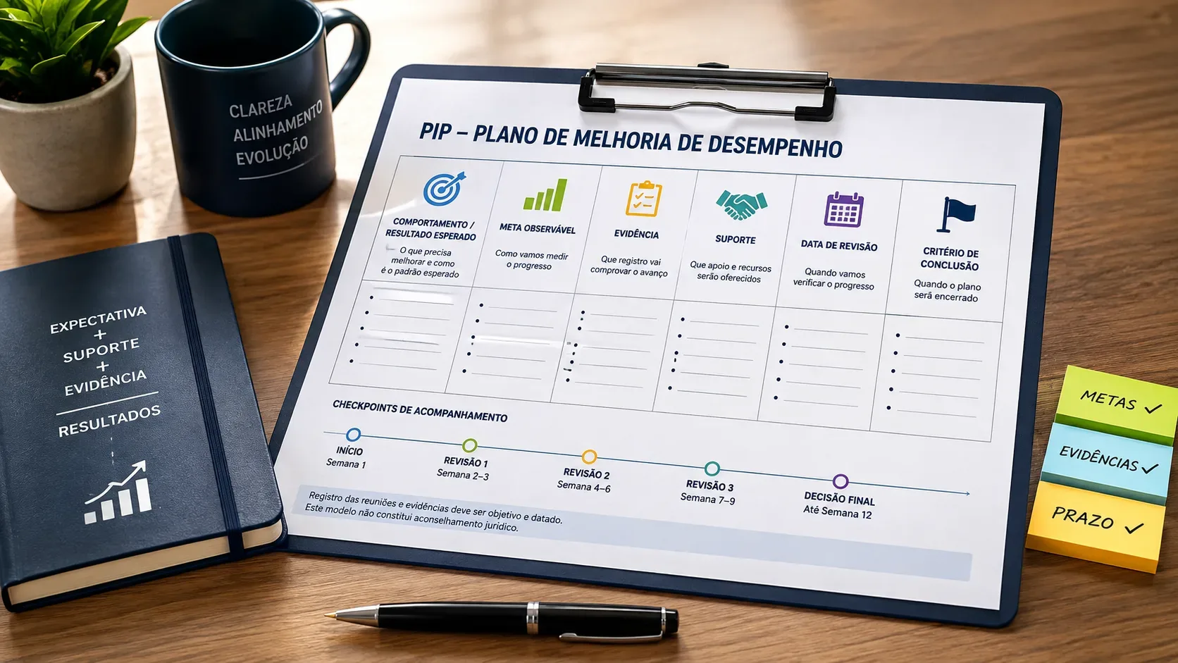 Mesa de escritório com prancheta exibindo um plano de melhoria de desempenho, campos de metas e evidências, linha de checkpoints, caderno, caneta e notas adesivas.
