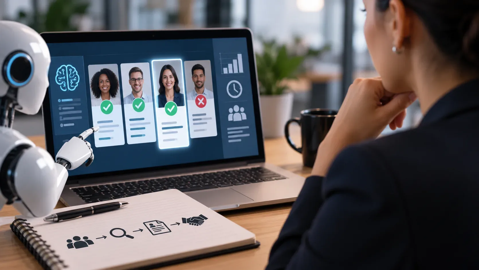 Profissional de RH observa perfis de candidatos em um laptop enquanto um robô aponta para a tela, simbolizando recrutamento com IA e decisão humana.