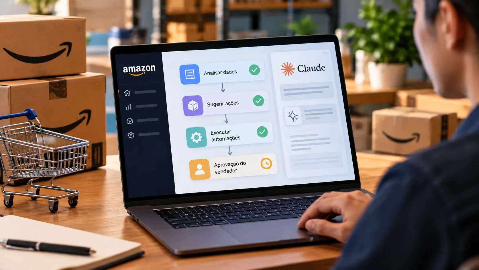 Vendedor diante de notebook com fluxo visual de automações do Seller Assistant, caixas da Amazon ao lado e painel do Claude na tela.