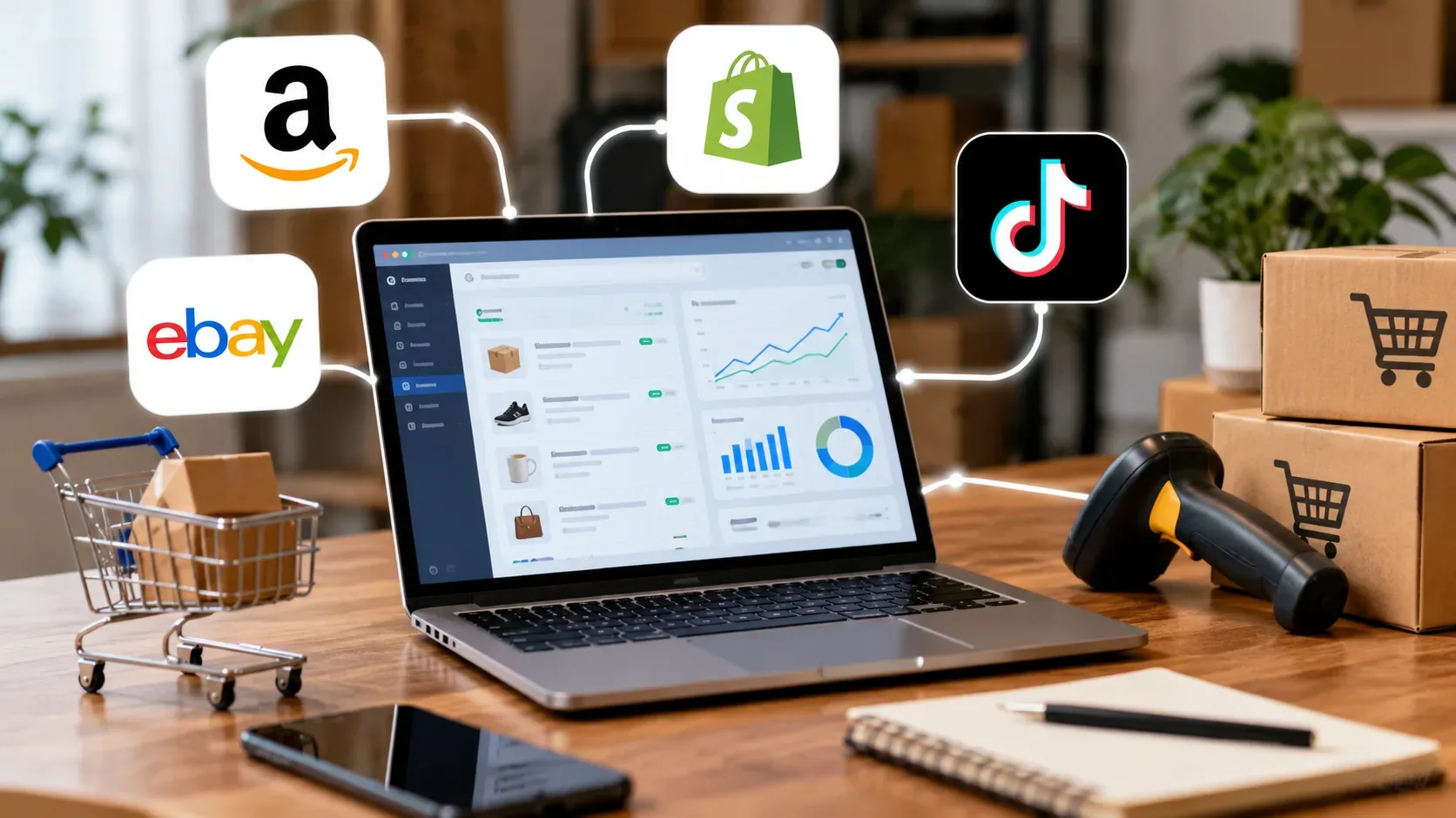 Notebook com painel de vendas e métricas conectado visualmente aos logotipos da Amazon, eBay, Shopify e TikTok, ao lado de caixas, carrinho e leitor de código.
