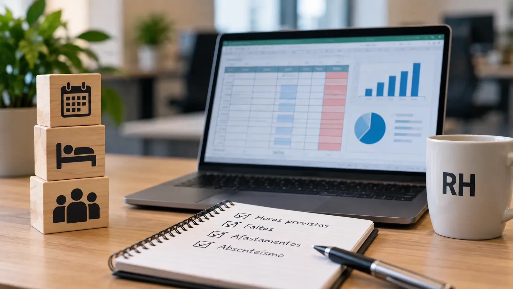 Mesa de RH com notebook exibindo planilha e gráficos de presença, blocos de madeira com ícones de calendário e pessoas, caderno de verificações e caneca.