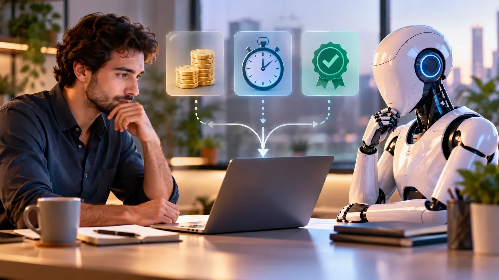 Profissional e robô humanoide diante de um notebook, com ícones de moedas, cronômetro e selo de qualidade acima da mesa.