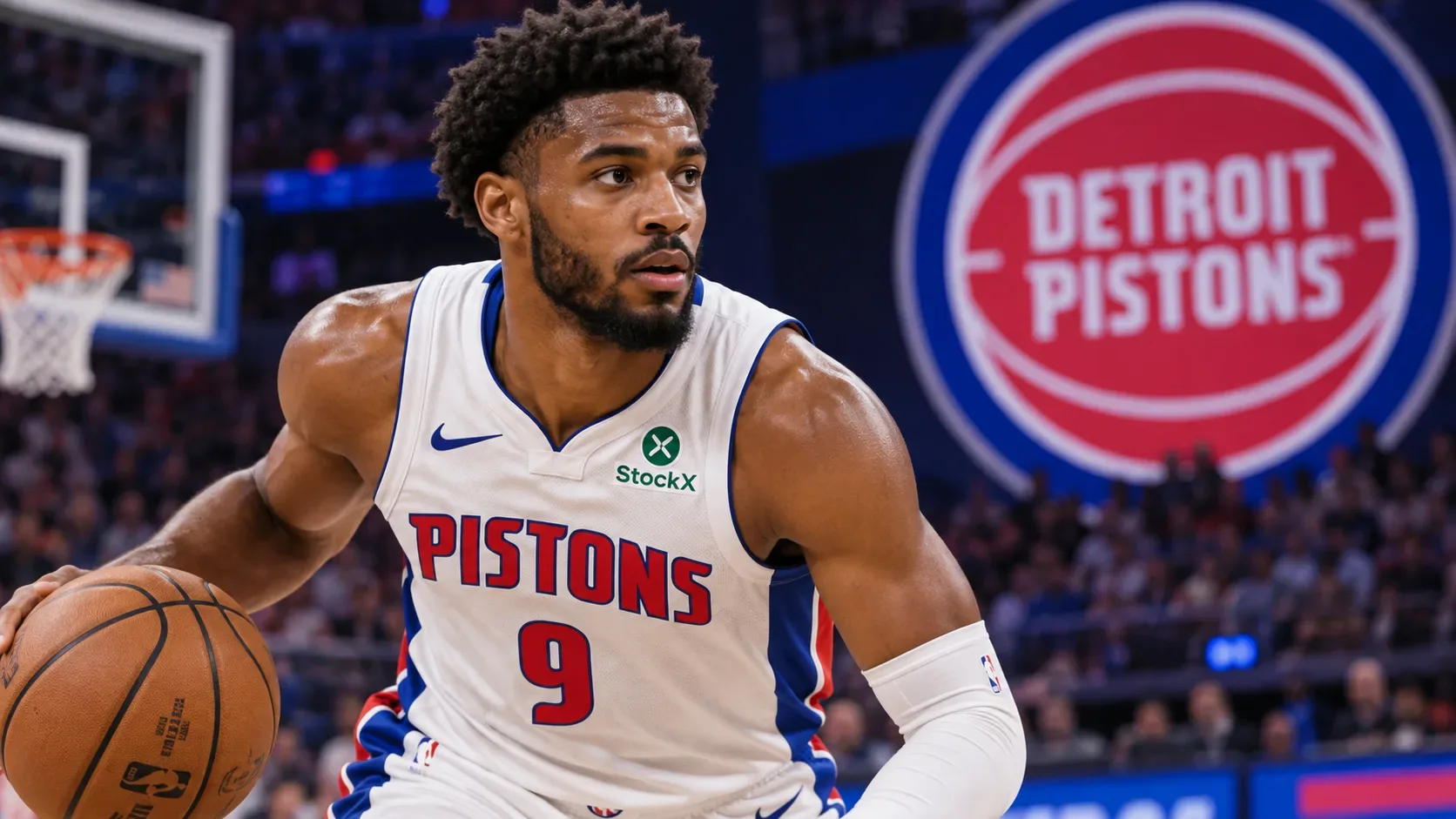 Jogador dos Pistons com uniforme branco segura a bola em uma quadra, com cesta e emblema da equipe desfocados ao fundo.
