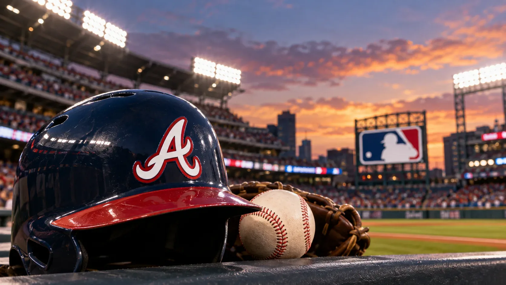Capacete azul dos Braves com um A contornado em vermelho ao lado de uma bola de beisebol e uma luva, com estádio iluminado ao fundo ao pôr do sol.