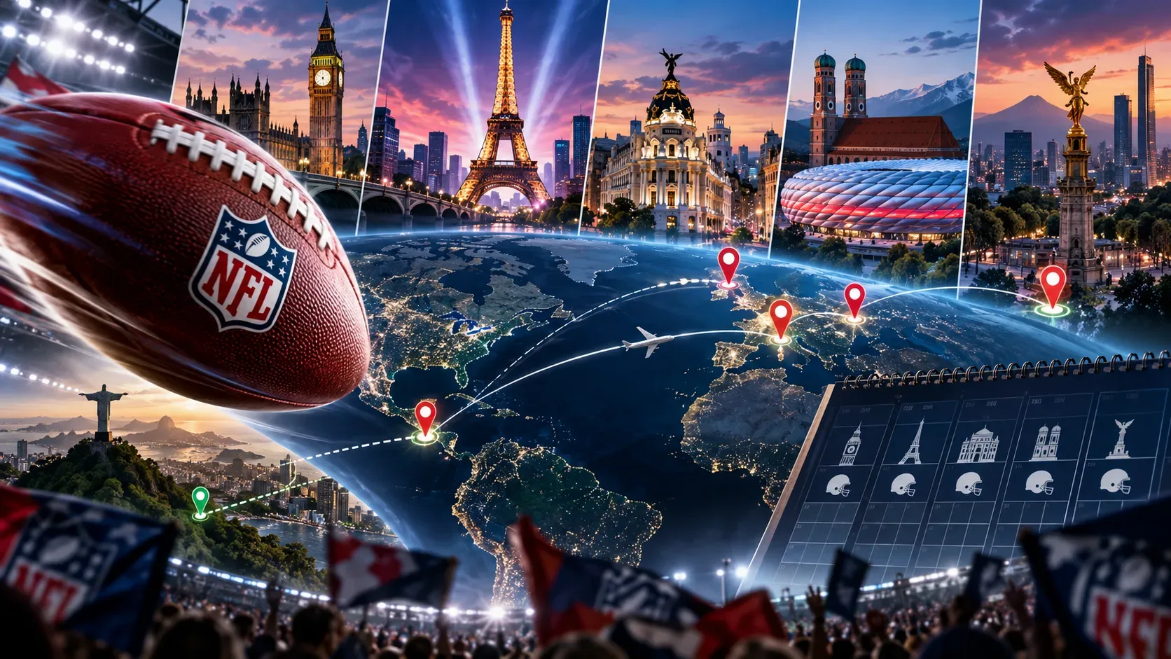 Bola de futebol americano em primeiro plano diante de mapa iluminado com rotas entre Rio, Londres, Paris, Madri, Munique e Cidade do México e calendário esportivo ao fundo.