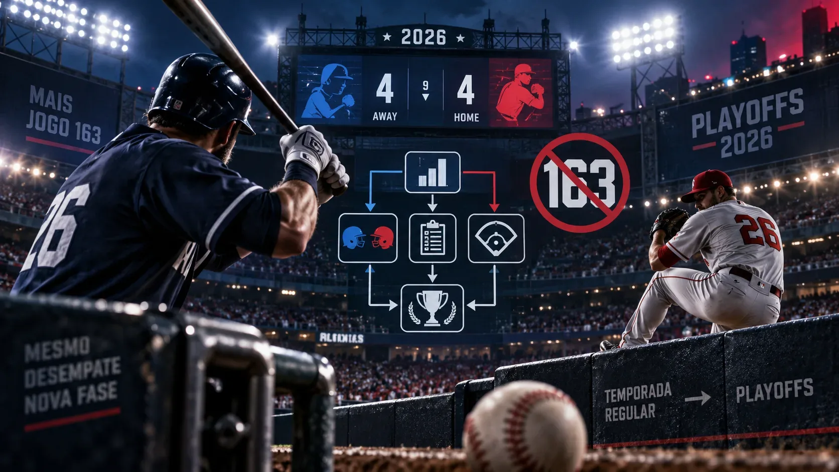 Estádio de beisebol à noite com rebatedor e arremessador, placar empatado, diagrama de critérios de desempate e o número 163 riscado.