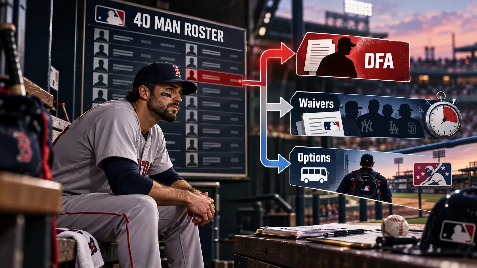 Jogador de beisebol sentado no dugout diante de um quadro de roster de 40, com setas visuais para DFA, waivers e options.
