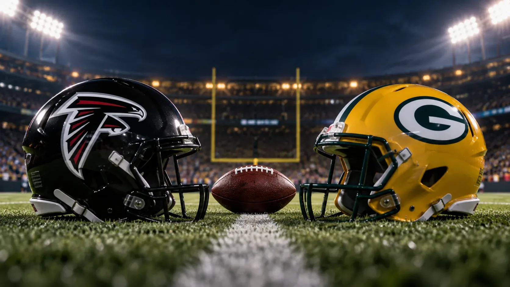 Capacete do Atlanta Falcons e capacete do Green Bay Packers frente a frente em um campo de futebol americano iluminado à noite, com uma bola ao centro.