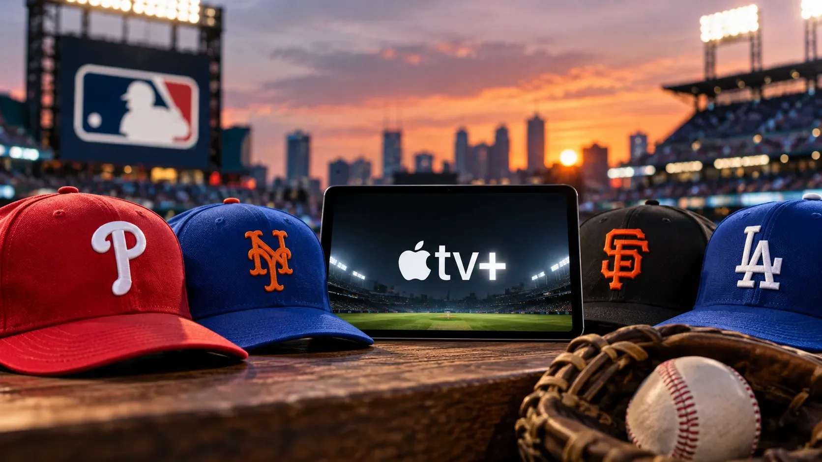 Bonés de Phillies, Mets, Giants e Dodgers ao lado de uma luva e bola de beisebol, com um tablet exibindo a marca Apple TV+ em um estádio ao entardecer.