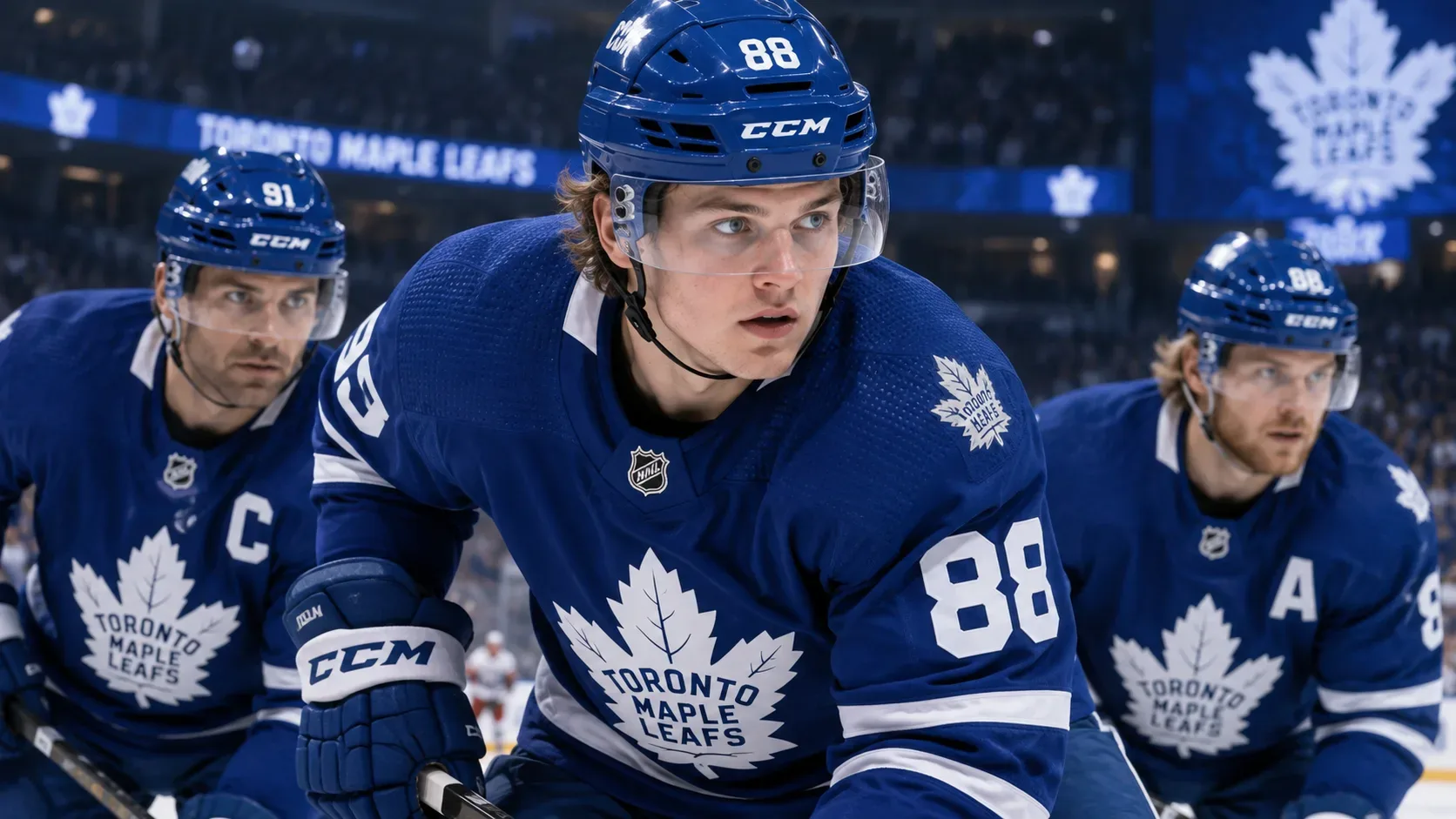Jogador jovem dos Toronto Maple Leafs em uniforme azul no centro da cena, flanqueado por dois companheiros em uma arena de hóquei iluminada.