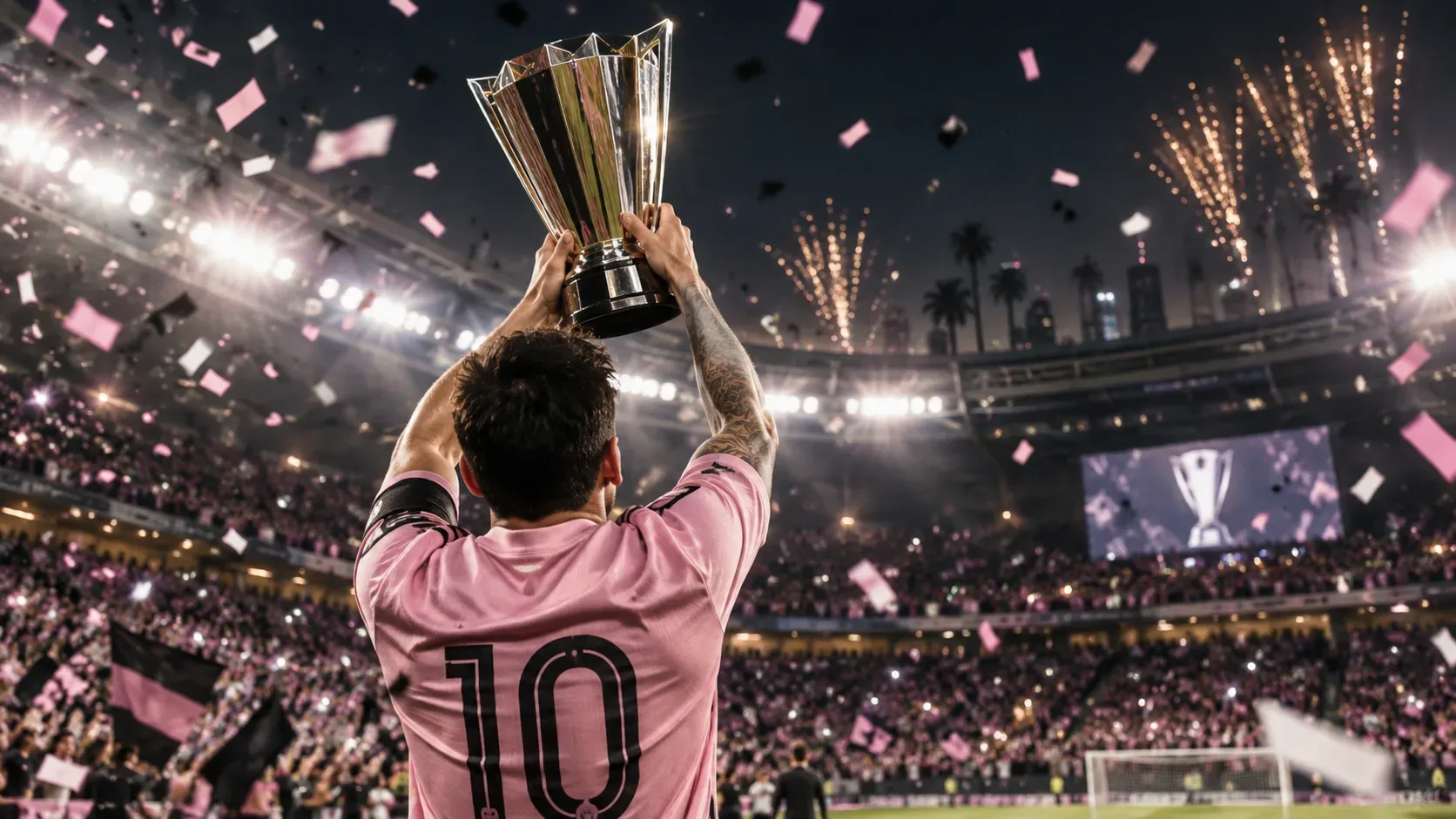 Jogador de futebol visto de costas ergue um troféu em estádio noturno lotado, com camisa rosada genérica, confetes e luzes de celebração.