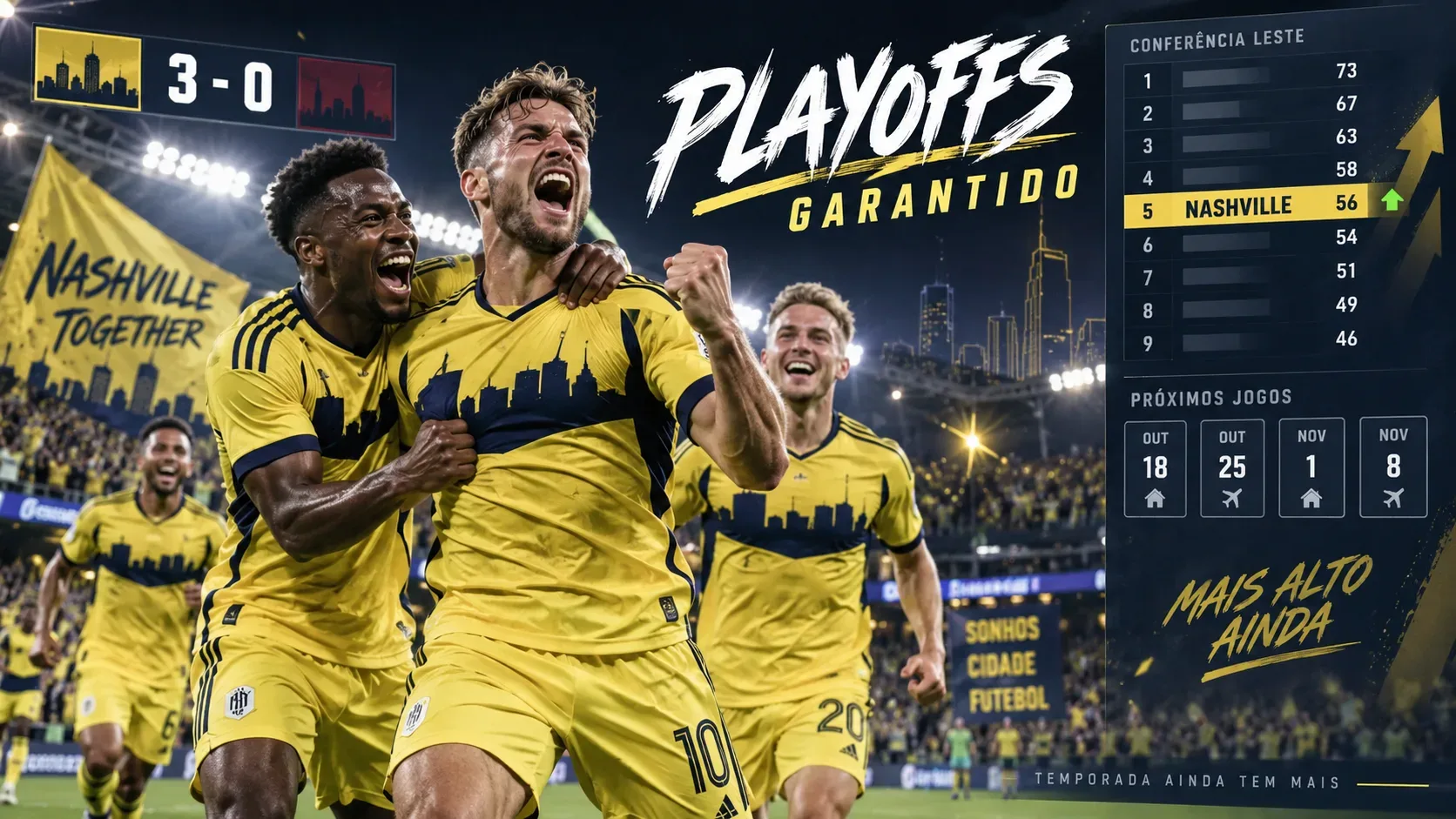Jogadores de uniforme amarelo comemoram em estádio noturno diante de um painel esportivo que destaca playoffs, classificação e o Nashville.