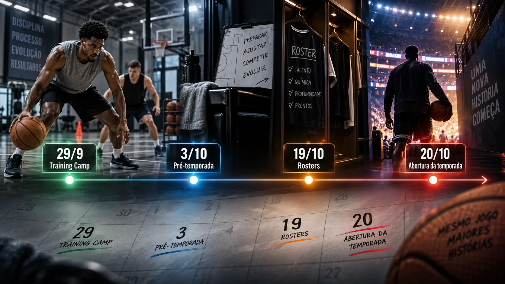 Jogadores de basquete em treino, vestiário e entrada de arena, com uma linha do tempo visual marcando 29/9, 3/10, 19/10 e 20/10.