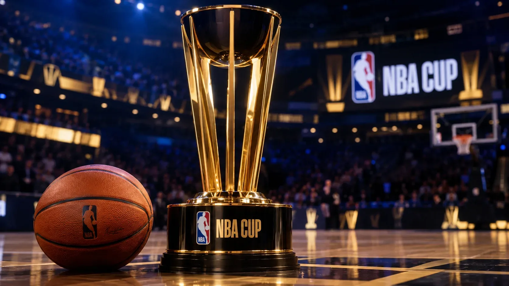 Troféu dourado da NBA Cup ao lado de uma bola de basquete em quadra iluminada, com arquibancadas ao fundo.