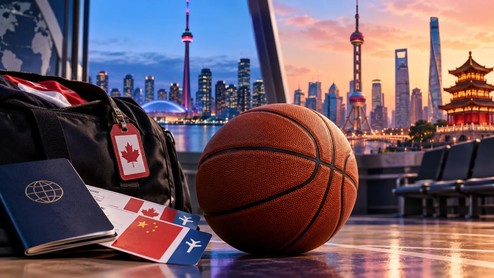 Bola de basquete ao lado de bolsa de viagem, passaporte e cartões de embarque com referências ao Canadá e à China, diante de skylines urbanos.