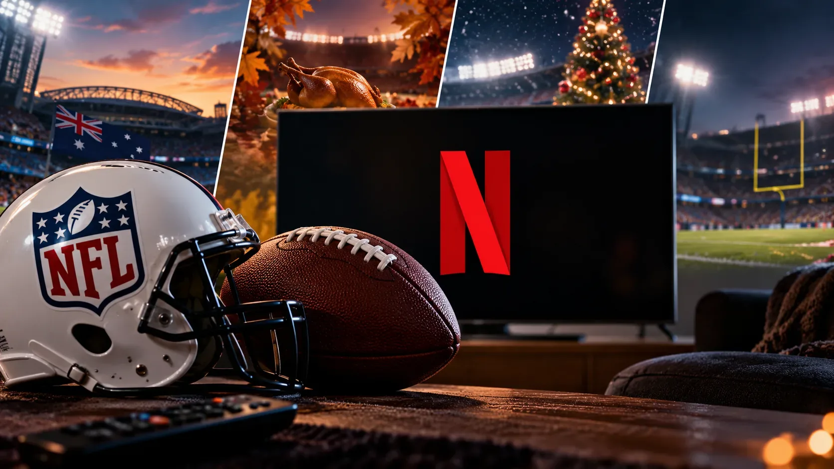 Capacete de futebol americano e bola diante de uma TV com o símbolo vermelho da Netflix, cercados por cenas de estádio e elementos de fim de ano.