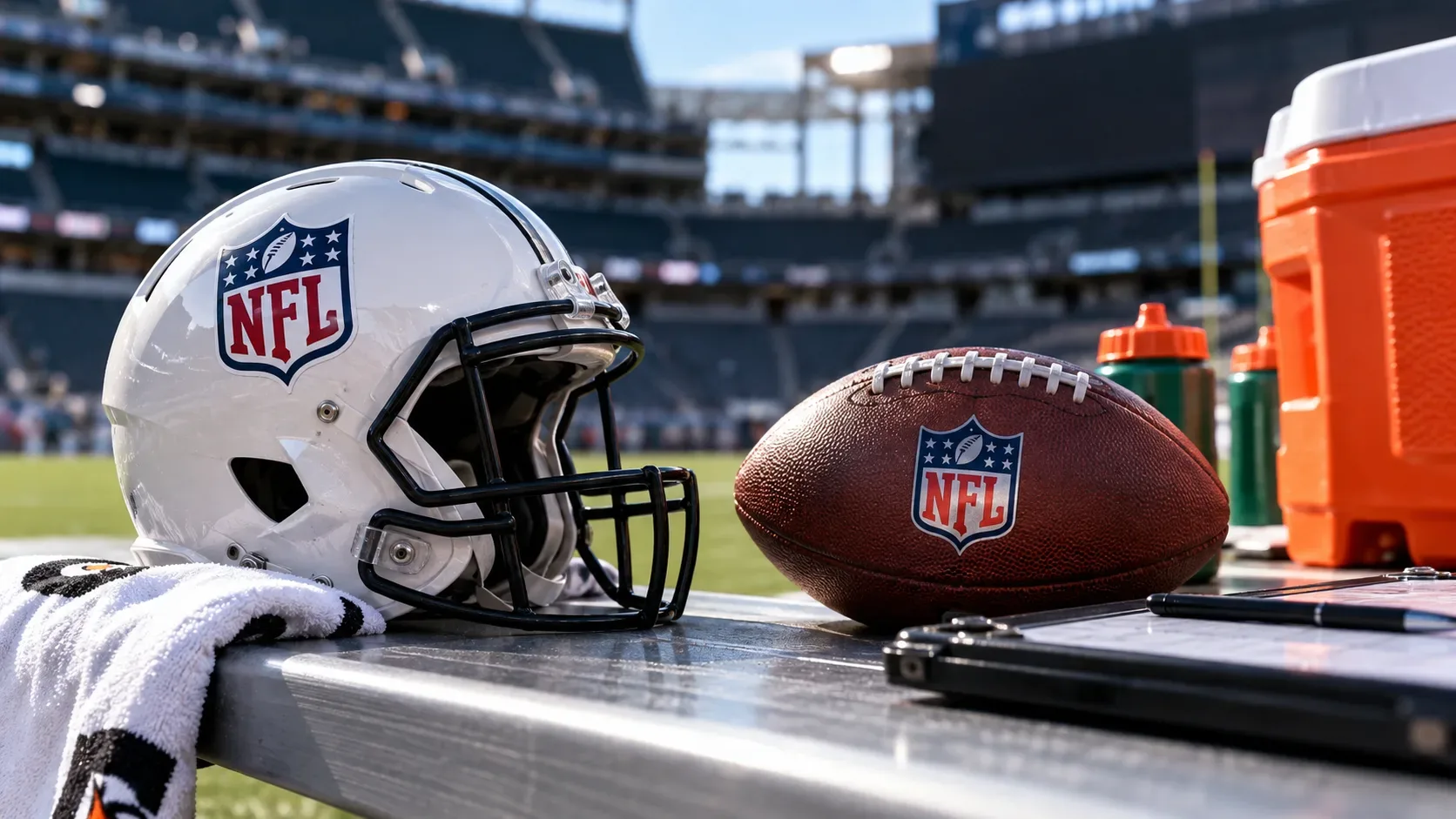 Capacete branco de futebol americano e bola da NFL sobre o banco da lateral de um estádio, com campo ao fundo e equipamentos de jogo ao lado.