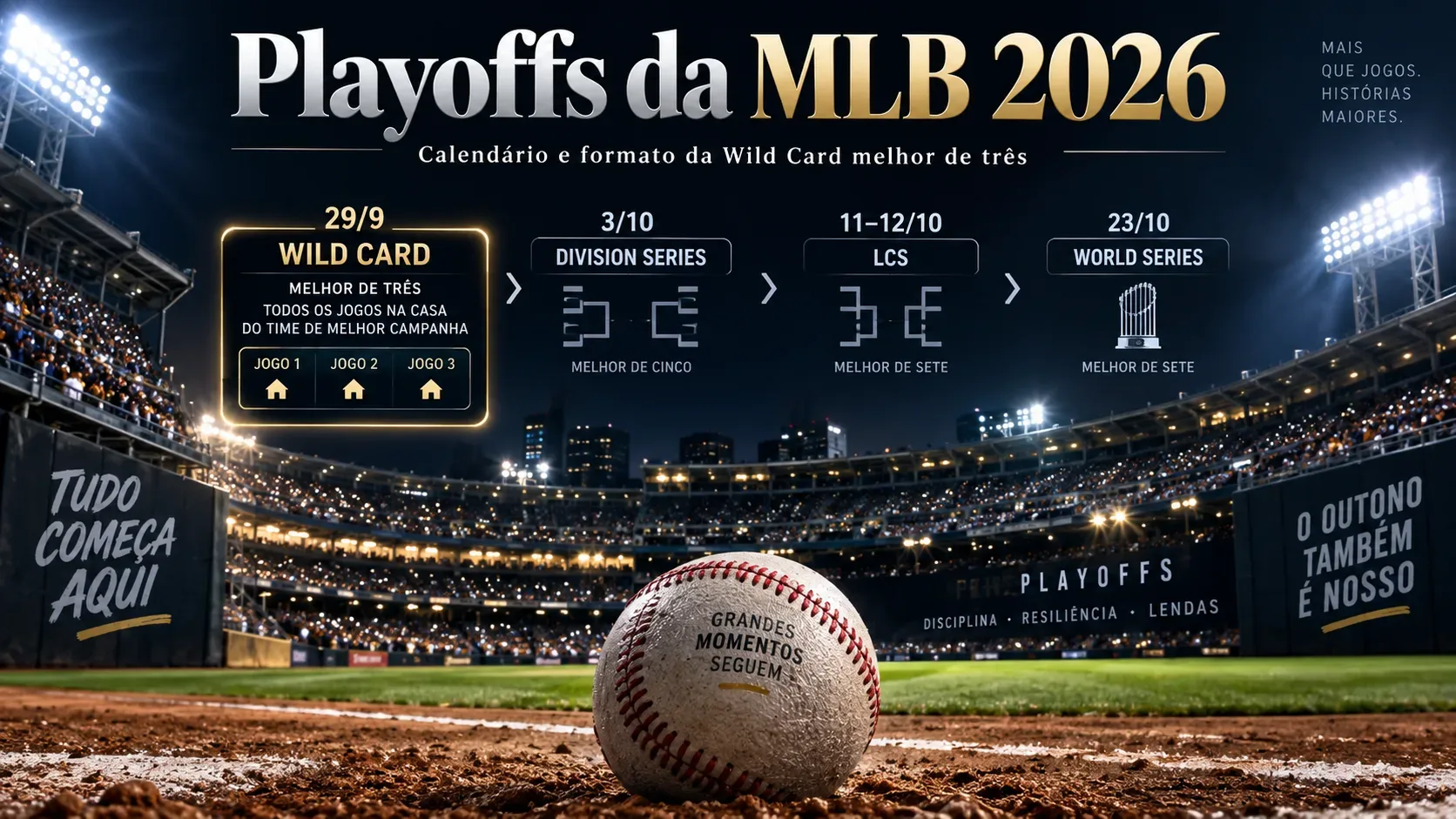 Estádio de beisebol à noite com bola em primeiro plano e painel visual dos playoffs da MLB 2026, destacando Wild Card, Division Series, LCS e World Series.