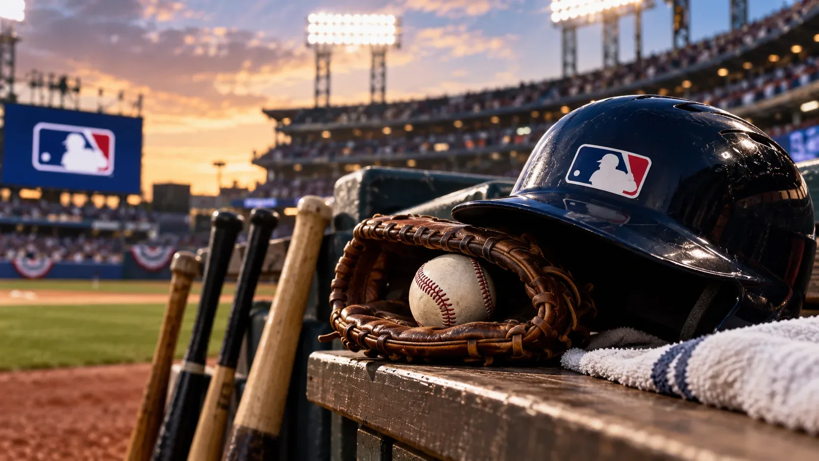 Capacete de beisebol, luva com bola e tacos no dugout de um estádio iluminado ao entardecer.