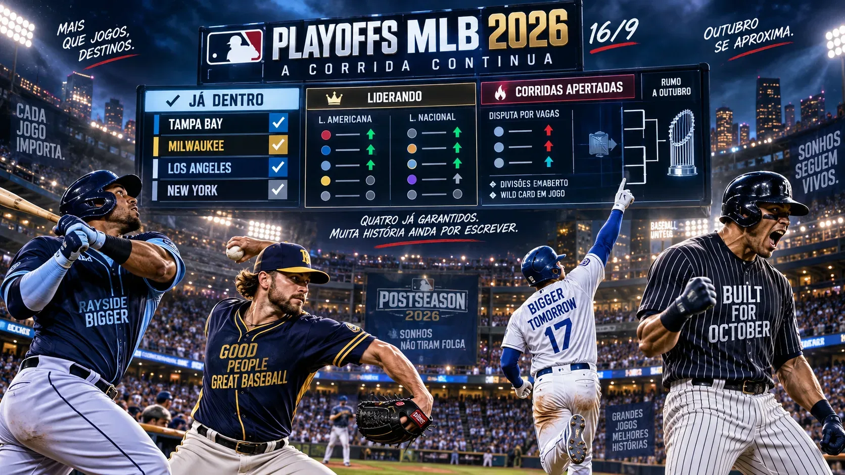 Montagem esportiva em estádio de beisebol lotado, com quatro jogadores genéricos em ação e um grande placar ao fundo destacando Playoffs MLB 2026, classificados e corridas abertas.