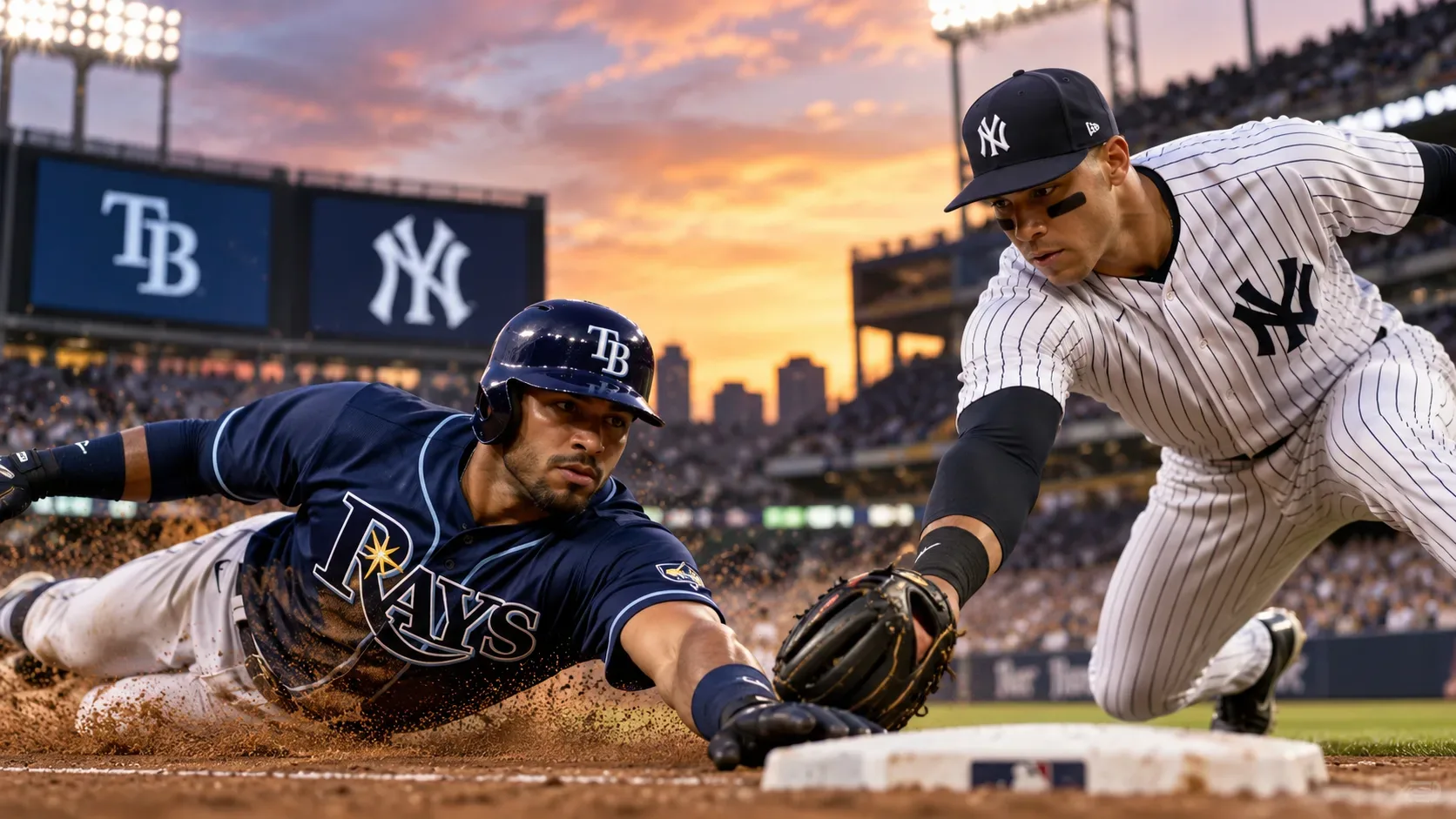 Jogador do Tampa Bay Rays desliza para a base enquanto um defensor do New York Yankees tenta aplicar a eliminação em um estádio ao pôr do sol.