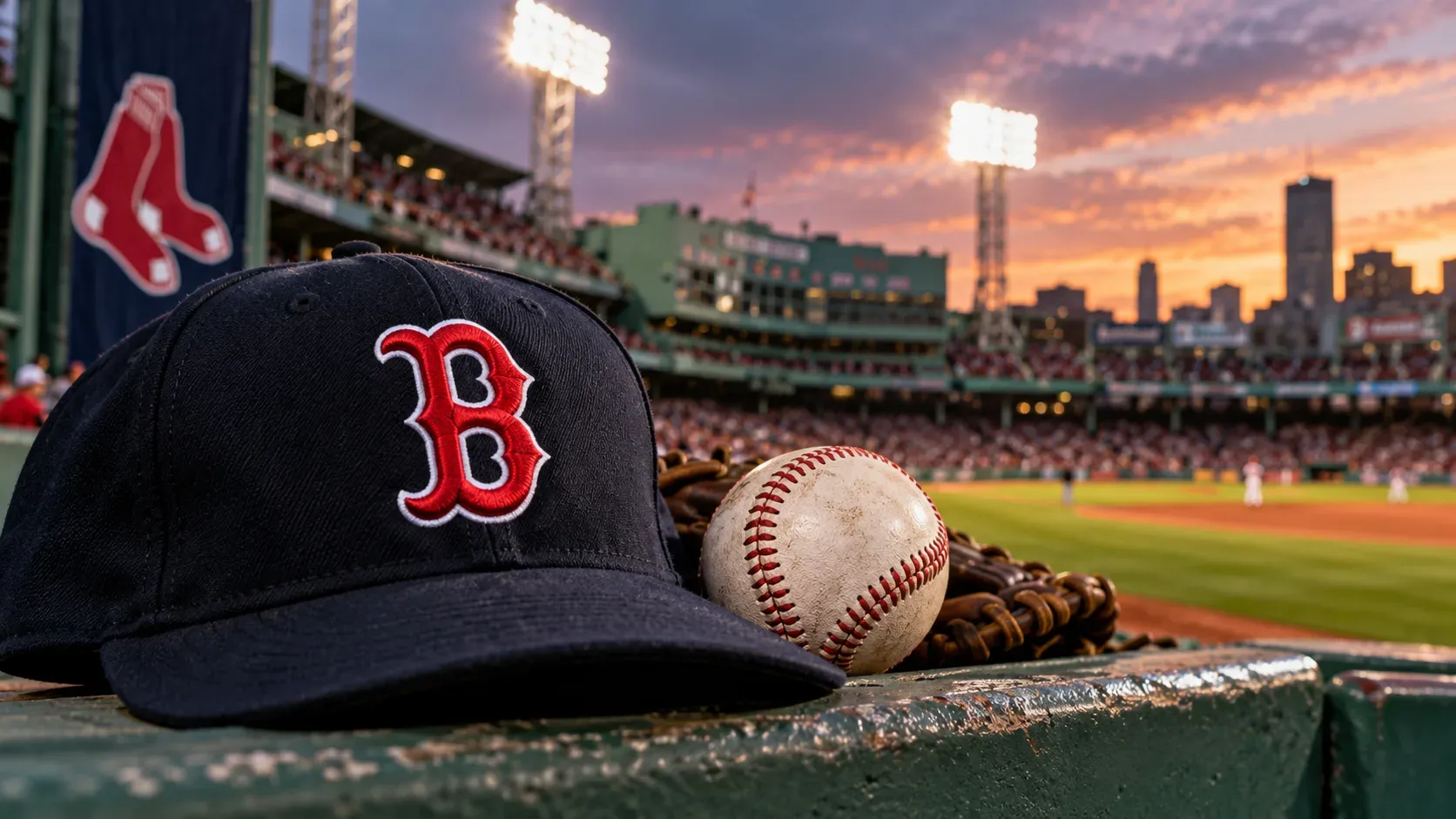 Boné azul-marinho com B vermelho, bola e luva de beisebol sobre grade verde diante de estádio iluminado ao pôr do sol.