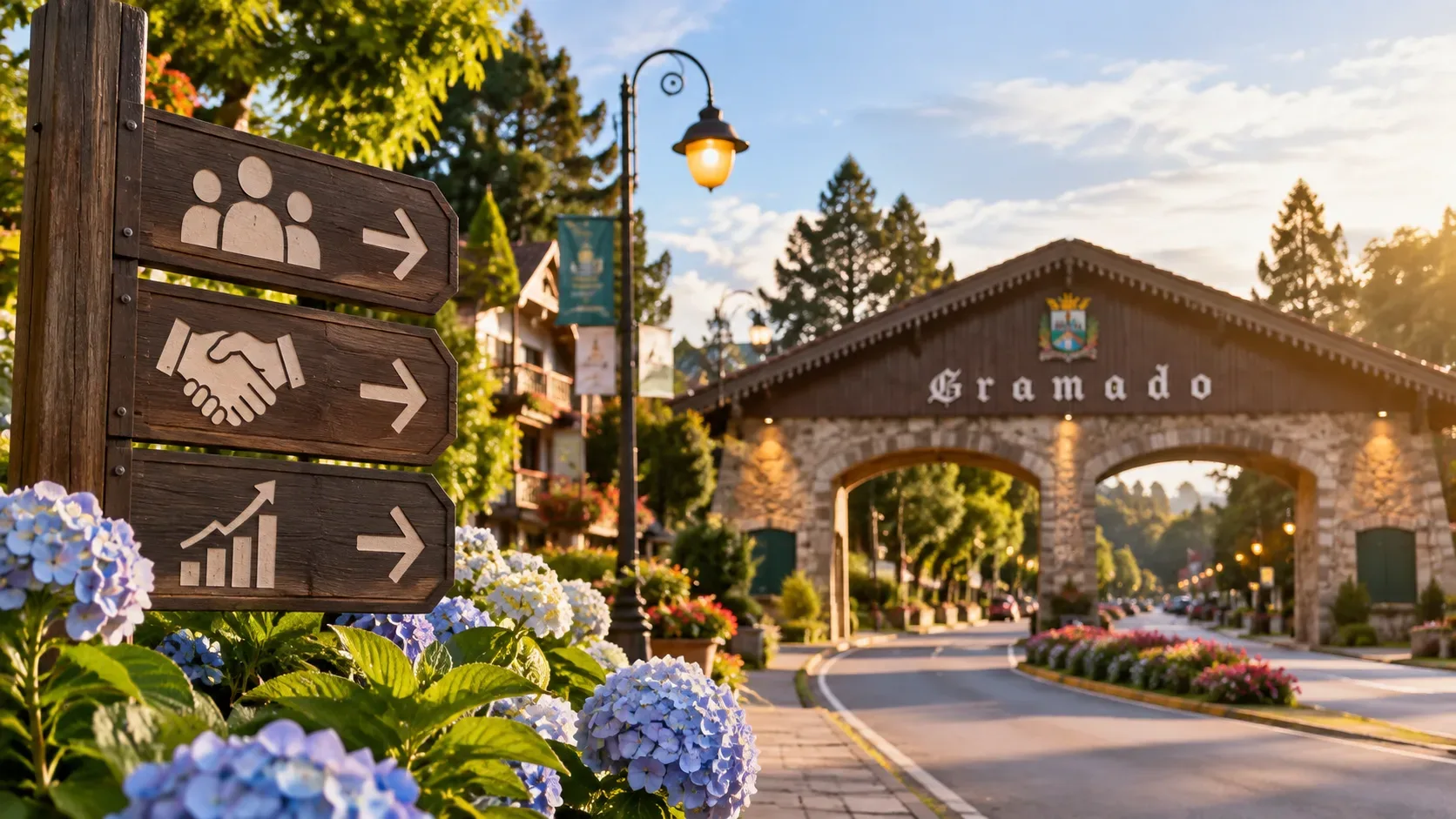 Vista urbana de Gramado ao entardecer, com pórtico de pedra e madeira, hortênsias e placas de madeira com símbolos de pessoas, parceria e crescimento.