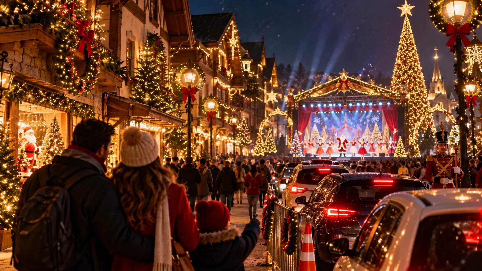 Rua de Gramado iluminada para o Natal, com família observando um espetáculo ao fundo, decoração festiva, público e carros em fluxo lento.