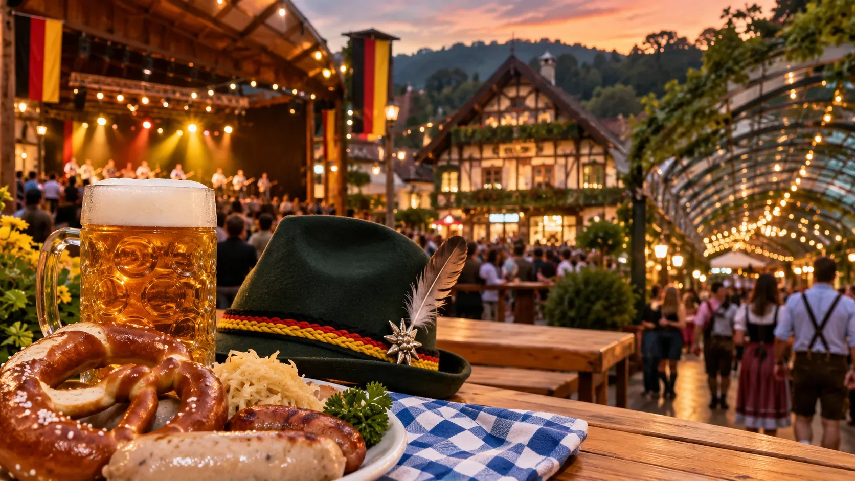 Caneca de chope, pretzel, chapéu típico e comida alemã em primeiro plano, com palco, público e arquitetura alpina iluminada ao fundo em clima de Oktoberfest.